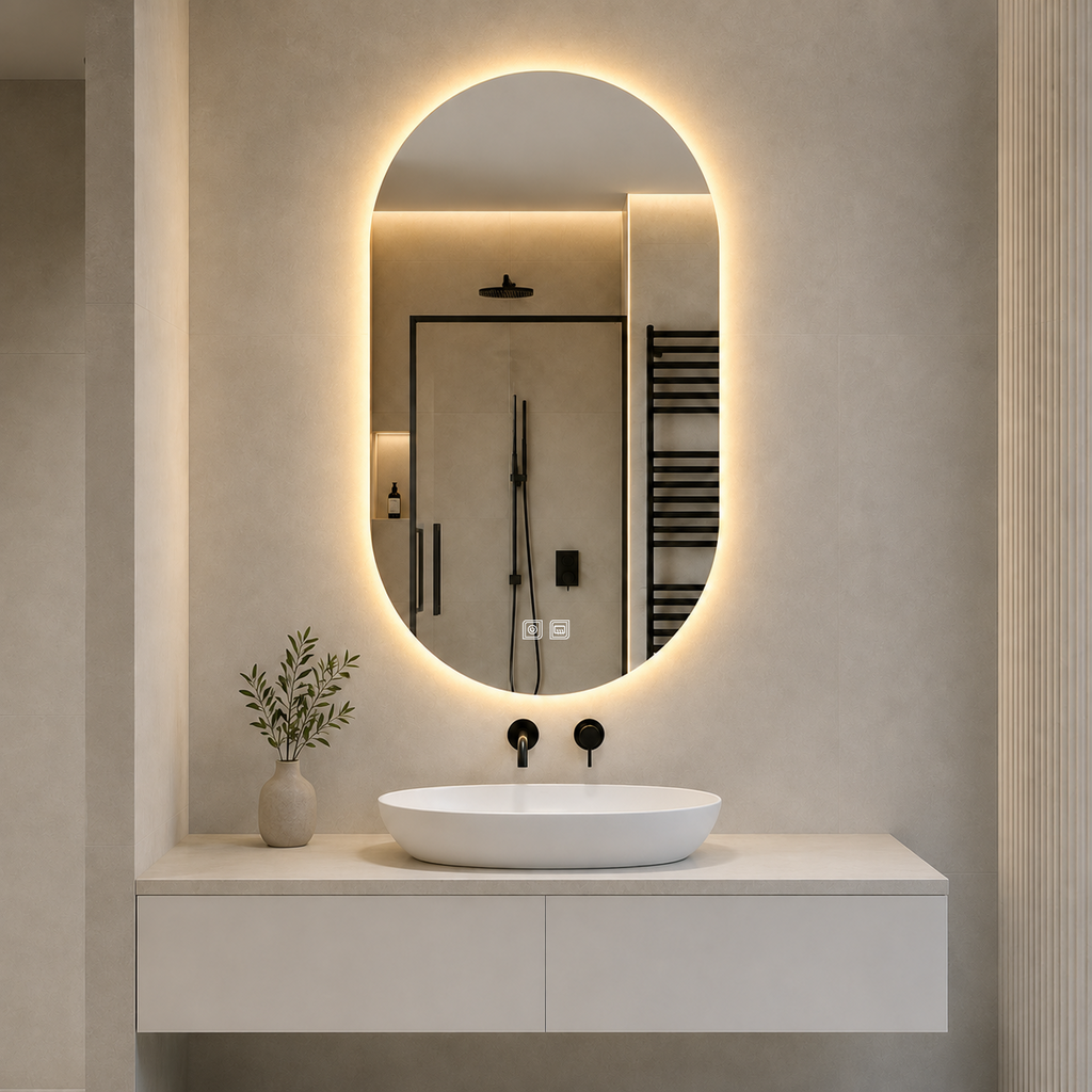 Kumlamasız Buğu Çözücülü, Dokunmatik Tuşlu, LED Işıklı Oval Banyo Aynası - Gün Işığı