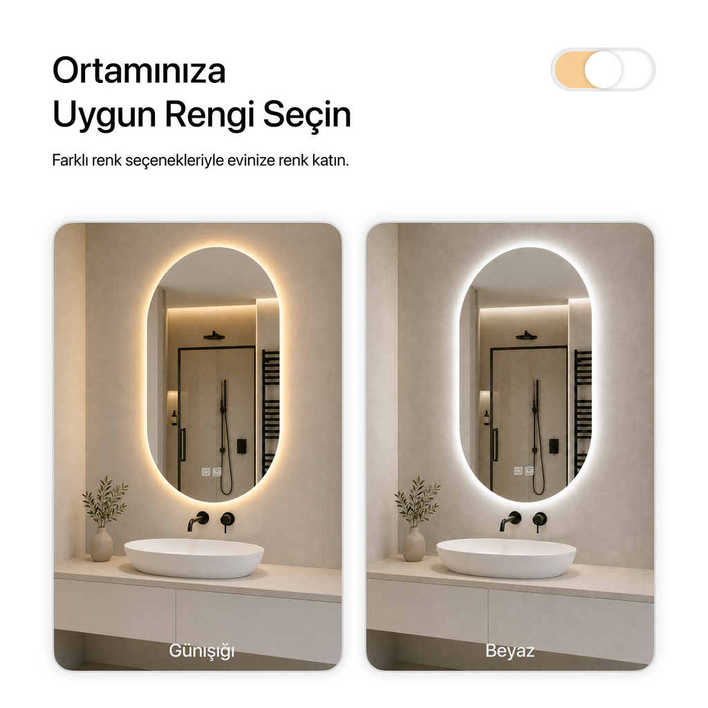 Kumlamasız Buğu Çözücülü, Dokunmatik Tuşlu, LED Işıklı Oval Banyo Aynası - Gün Işığı