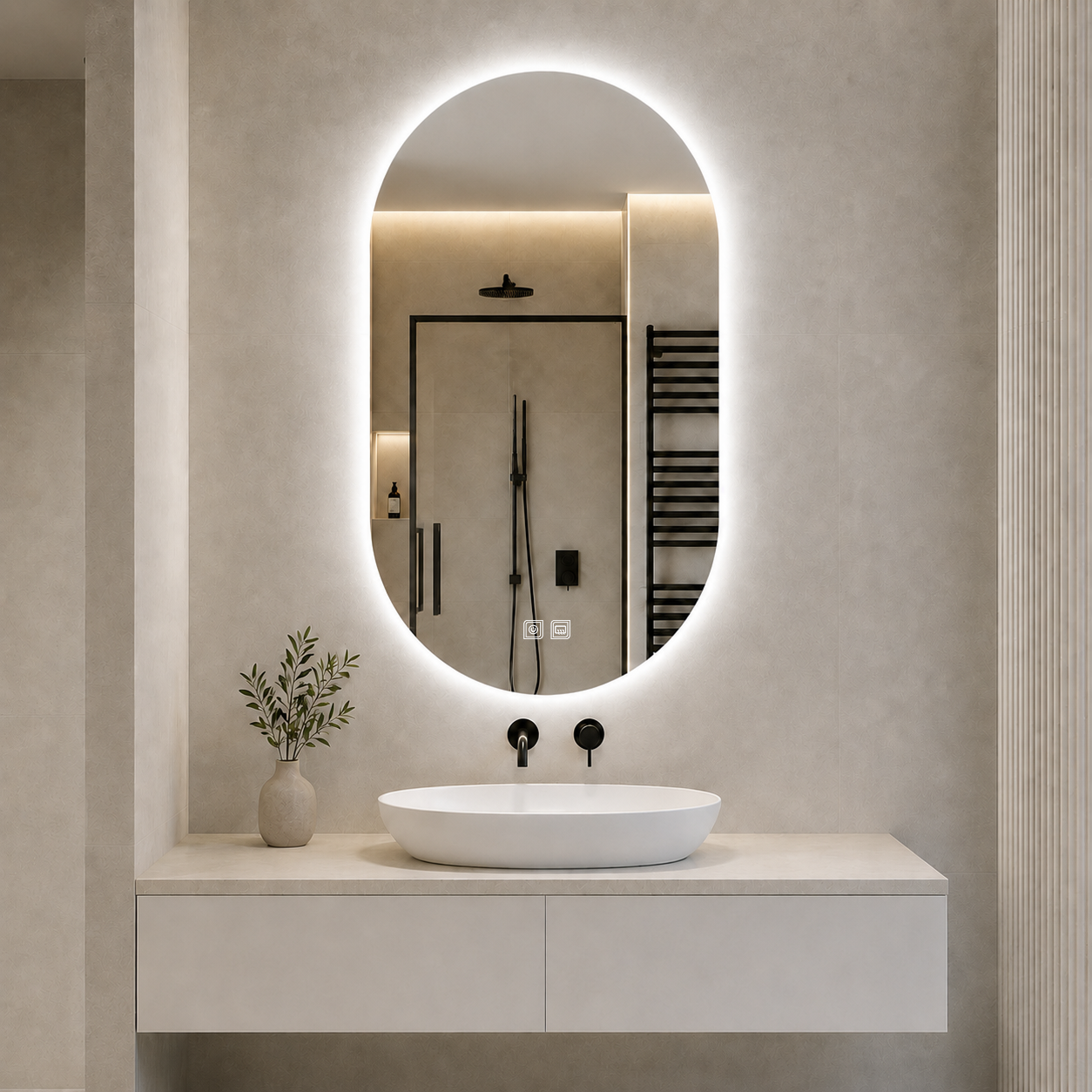 Kumlamasız Buğu Çözücülü, Dokunmatik Tuşlu, LED Işıklı Oval Banyo Aynası - Beyaz Işık