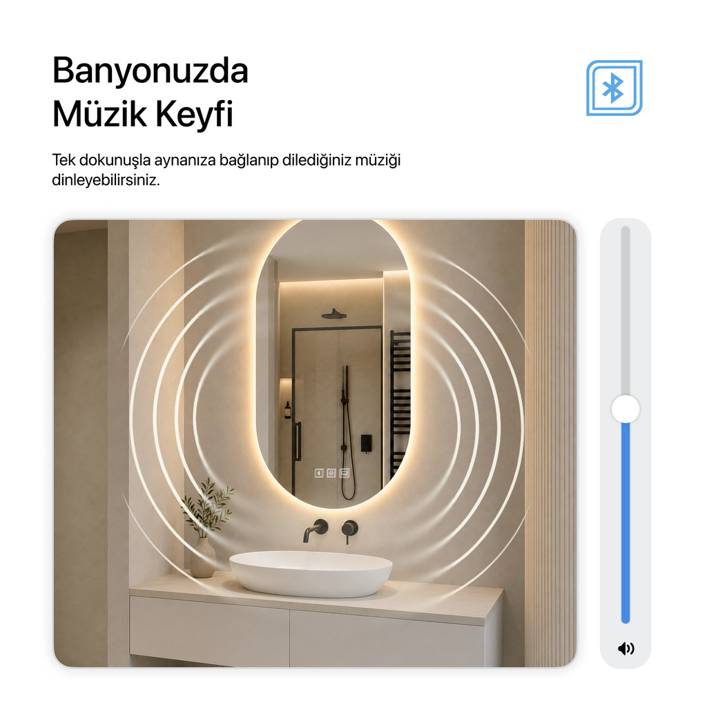 Kumlamasız Bluetoothlu, Buğu Çözücülü, Dokunmatik LEDli Oval Ayna - Gün Işığı