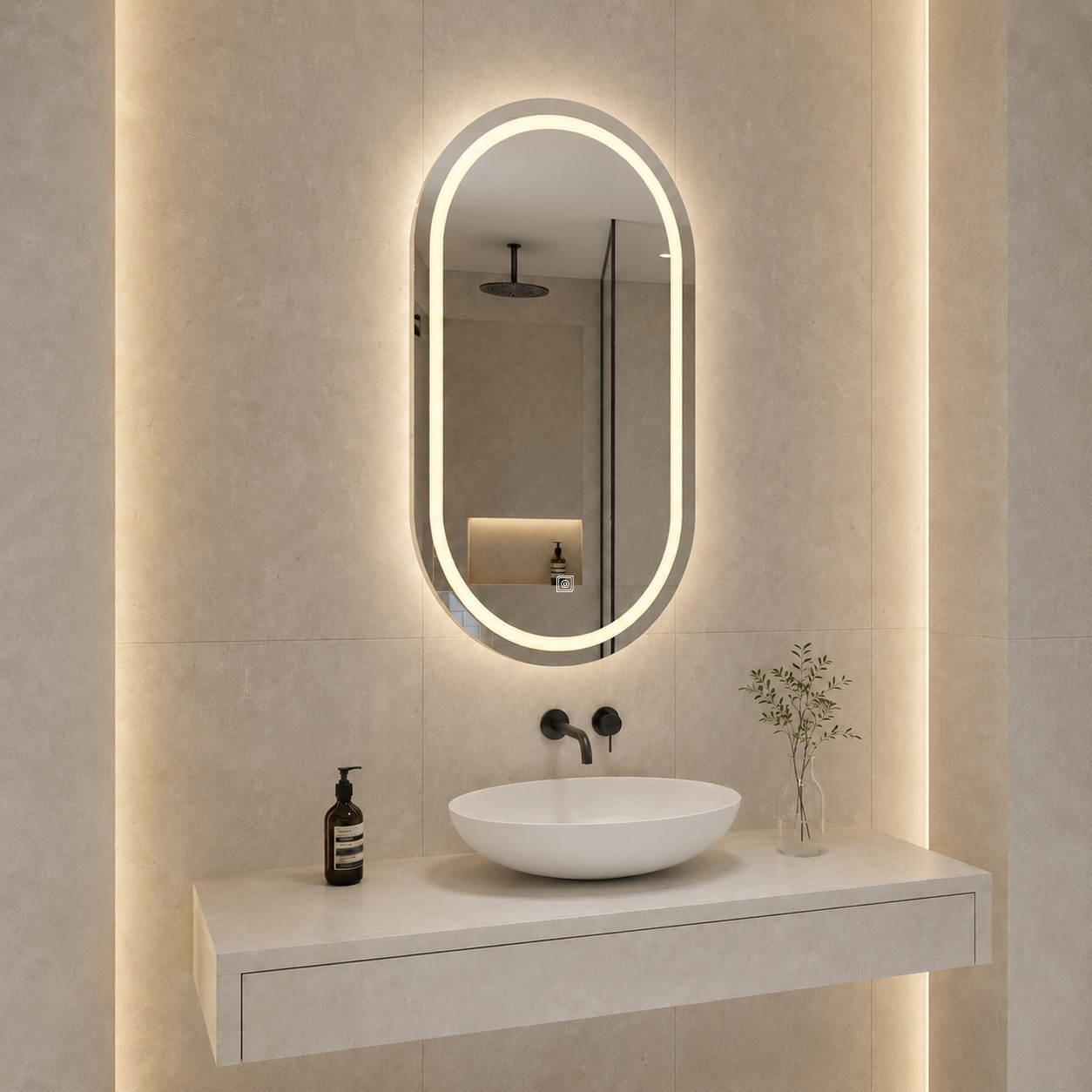 Dokunmatik Tuşlu ve LED Işıklı Oval Banyo Aynası - Gün Işığı