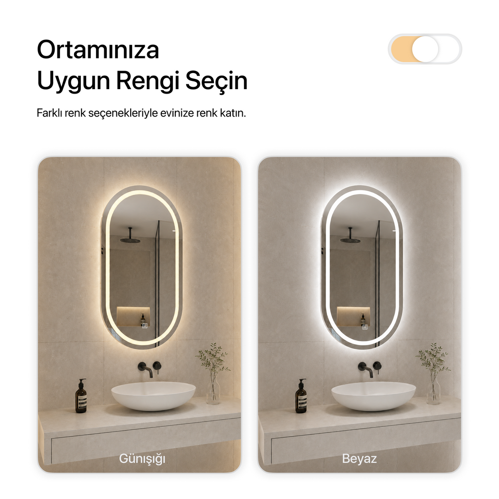 Dokunmatik Tuşlu ve LED Işıklı Oval Banyo Aynası - Gün Işığı