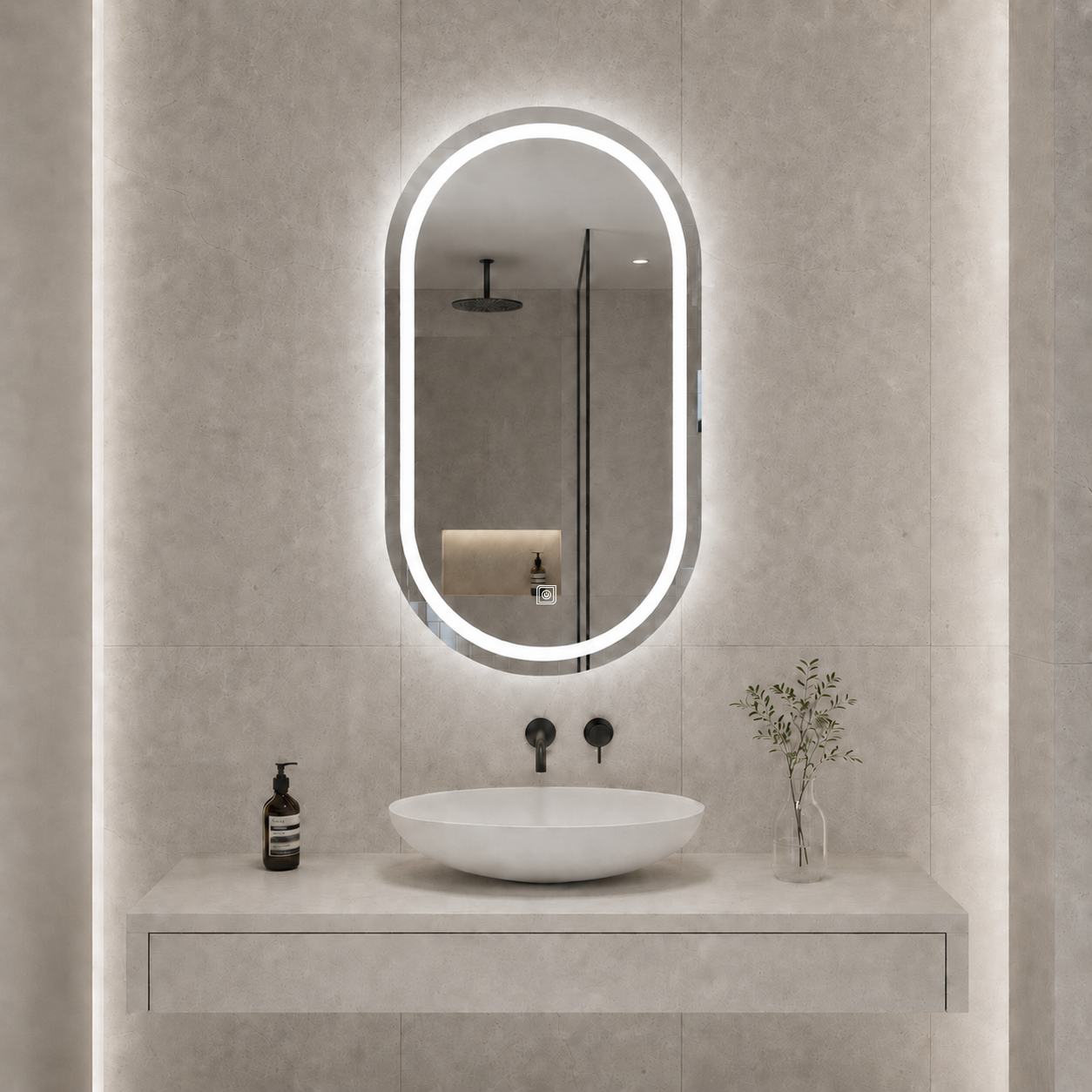 Dokunmatik Tuşlu ve LED Işıklı Oval Banyo Aynası - Beyaz Işık