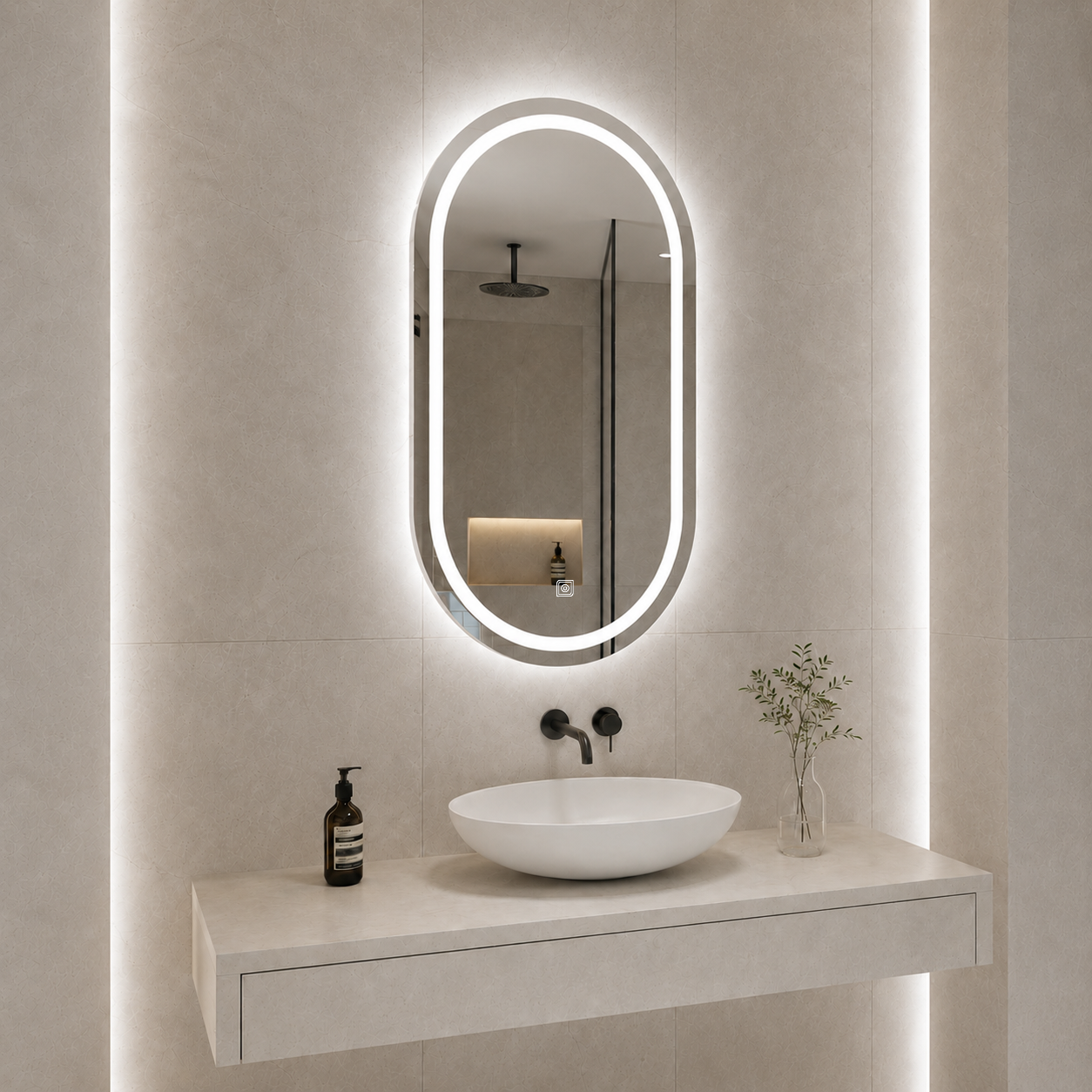 Dokunmatik Tuşlu ve LED Işıklı Oval Banyo Aynası - Beyaz Işık