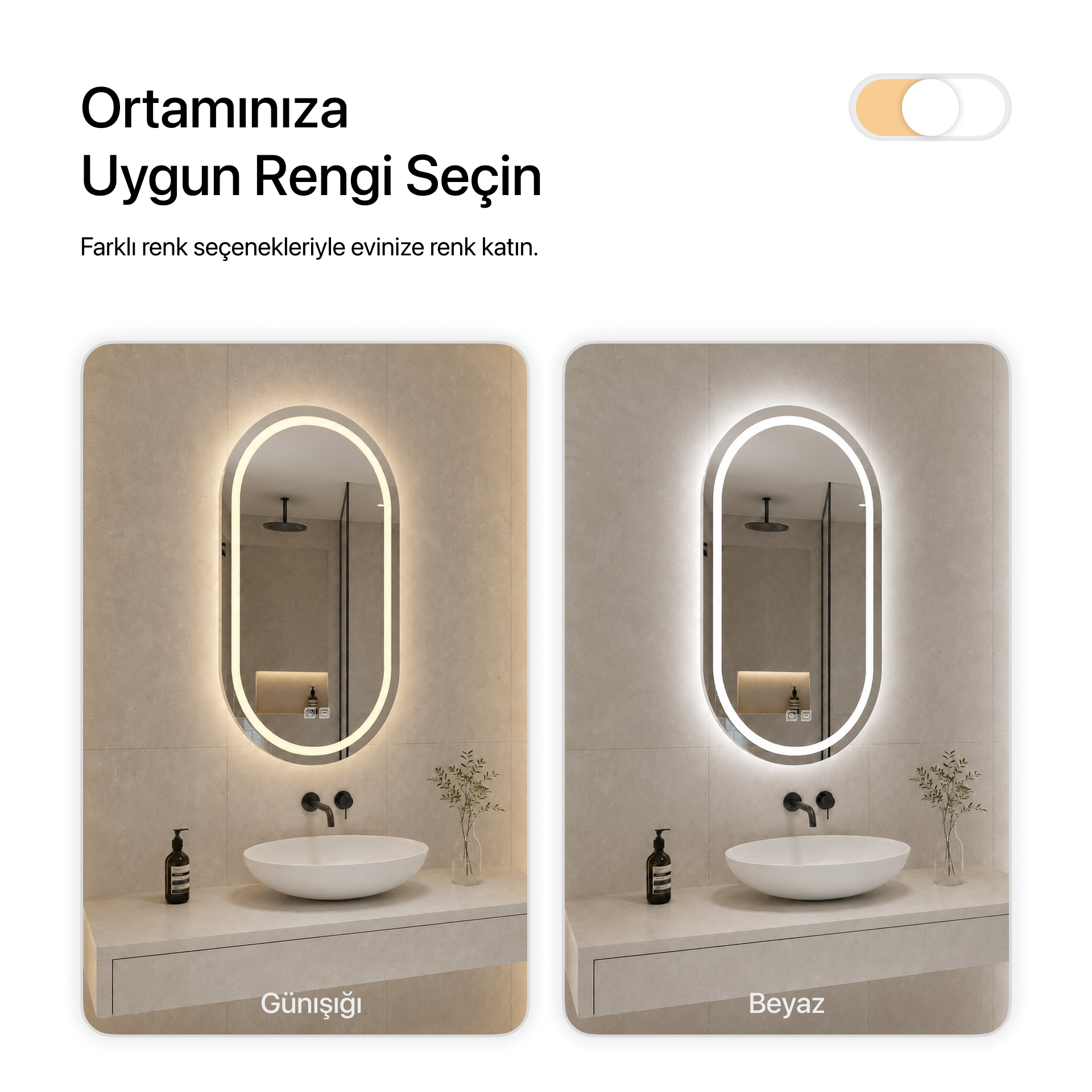Buğu Çözücülü, Dokunmatik Tuşlu, LED Işıklı Oval Banyo Aynası - Gün Işığı