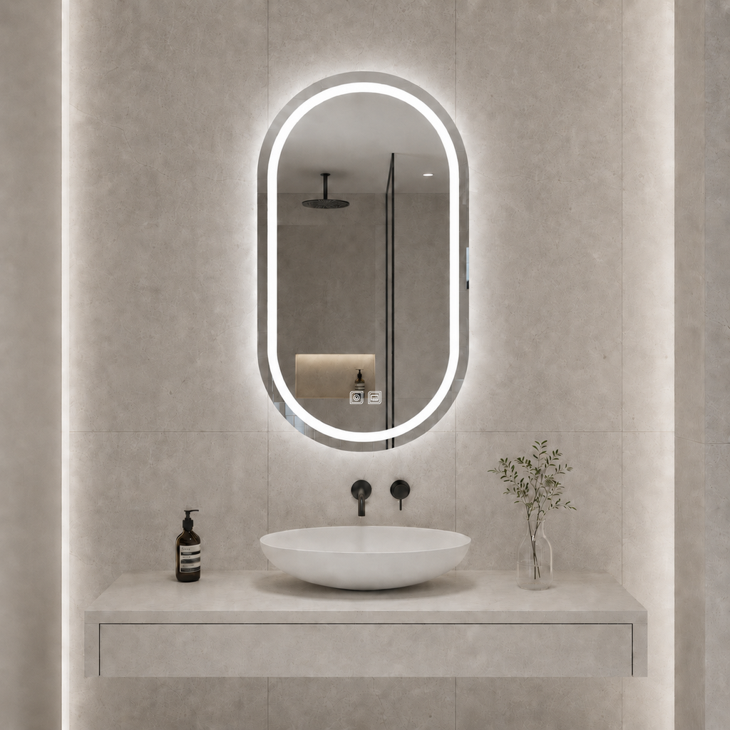 Buğu Çözücülü, Dokunmatik Tuşlu, LED Işıklı Oval Banyo Aynası - Beyaz Işık