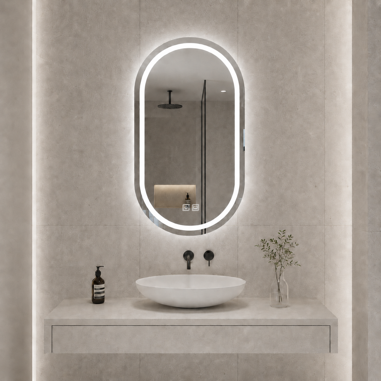 Buğu Çözücülü, Dokunmatik Tuşlu, LED Işıklı Oval Banyo Aynası - Beyaz Işık