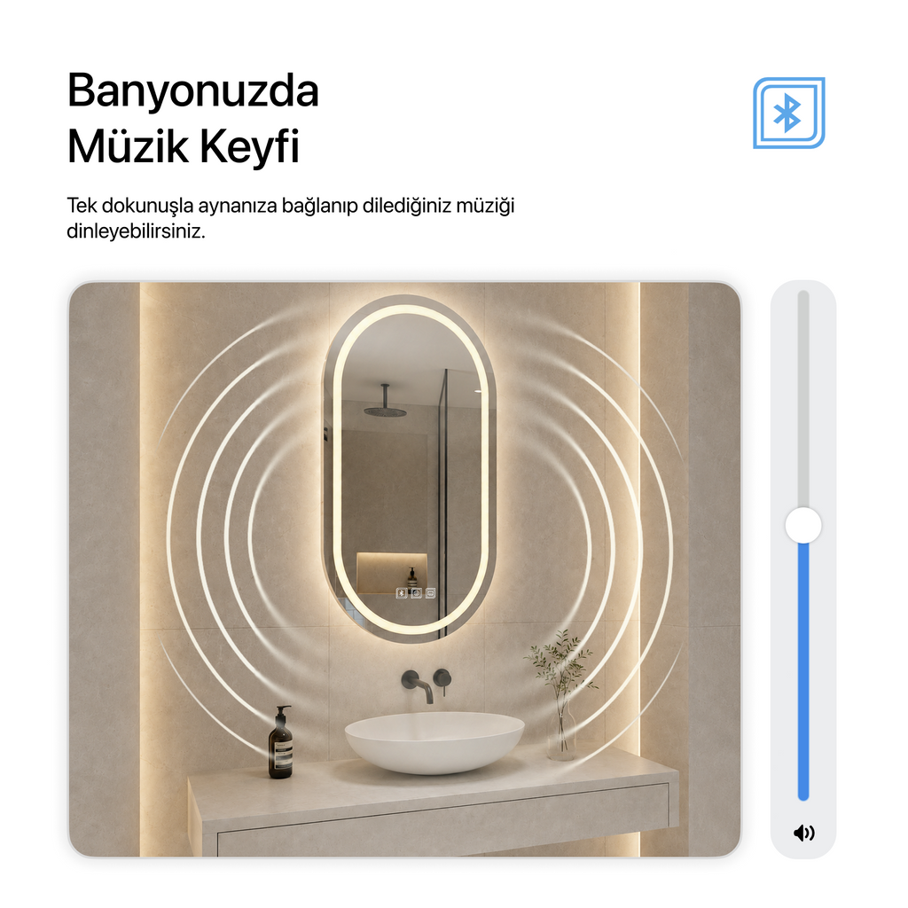 Bluetoothlu, Buğu Çözücülü, Dokunmatik LEDli Oval Ayna - Gün Işığı