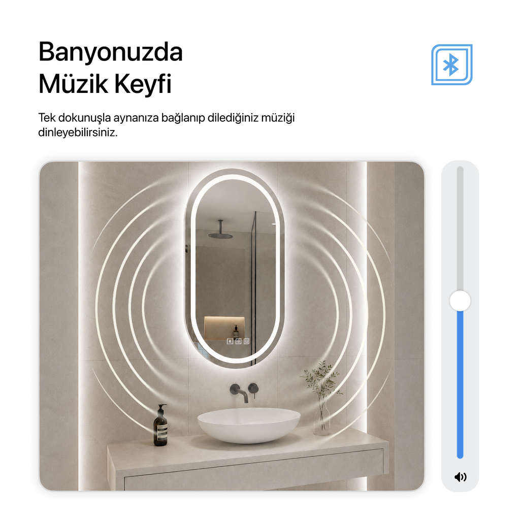 Bluetoothlu, Buğu Çözücülü, Dokunmatik LEDli Oval Ayna - Beyaz Işık