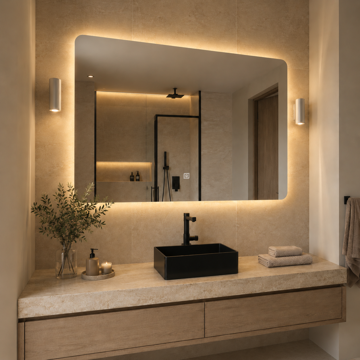Kumlamasız Dokunmatik Tuşlu ve LED Işıklı Dikdörtgen Banyo Aynası - Gün Işığı
