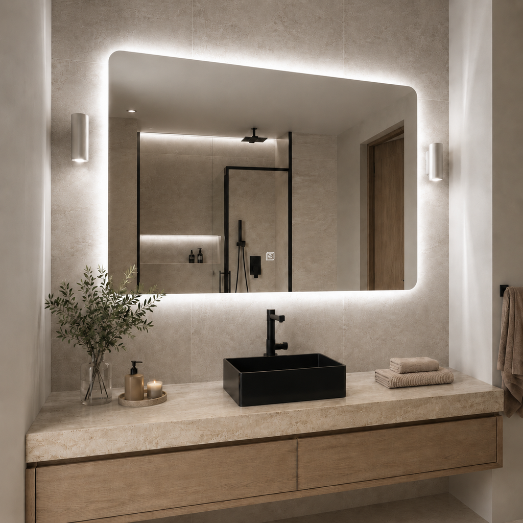 Kumlamasız Dokunmatik Tuşlu ve LED Işıklı Dikdörtgen Banyo Aynası - Beyaz Işık