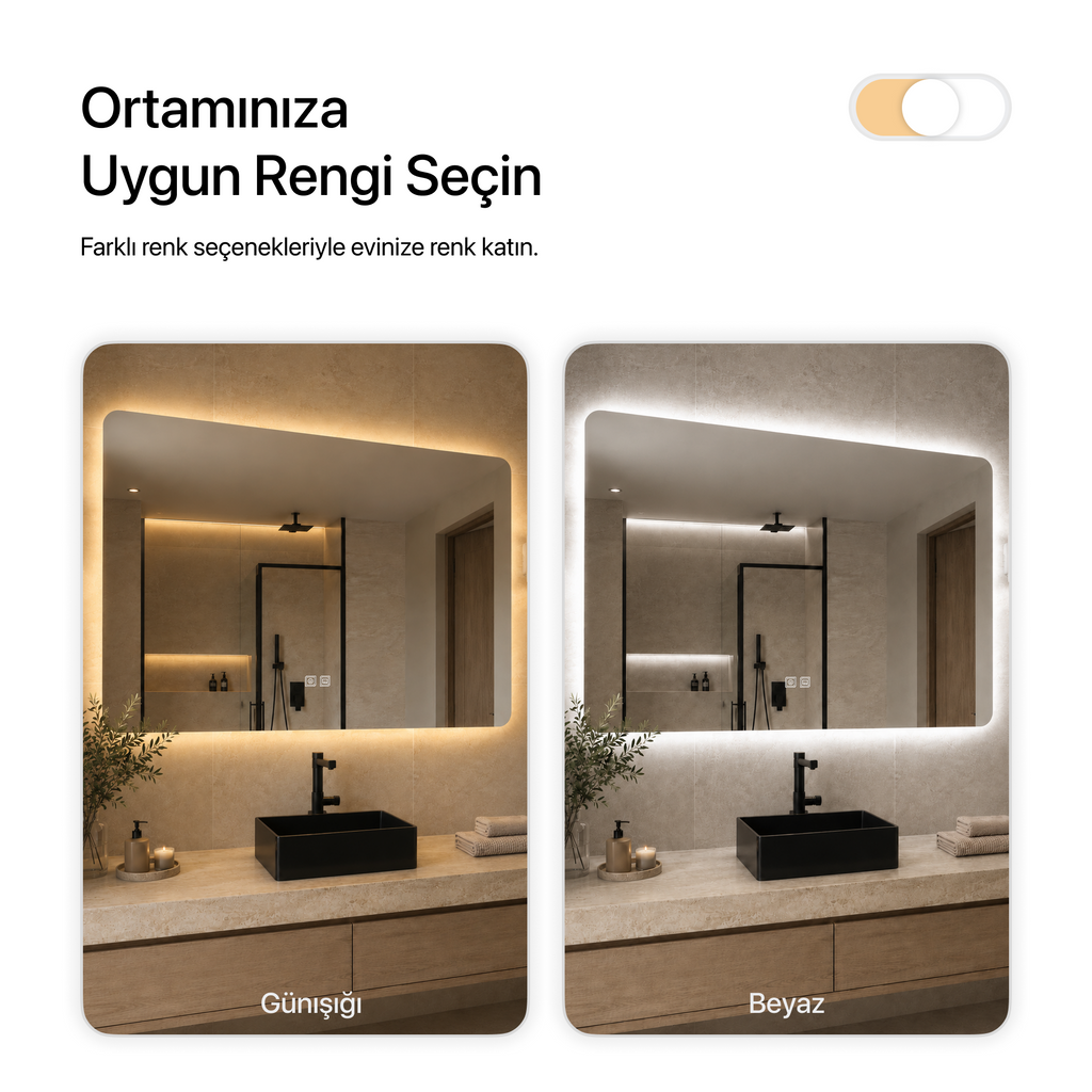Kumlamasız Buğu Çözücülü, Dokunmatik Tuşlu, LED Işıklı Dikdörtgen Banyo Aynası - Gün Işığı