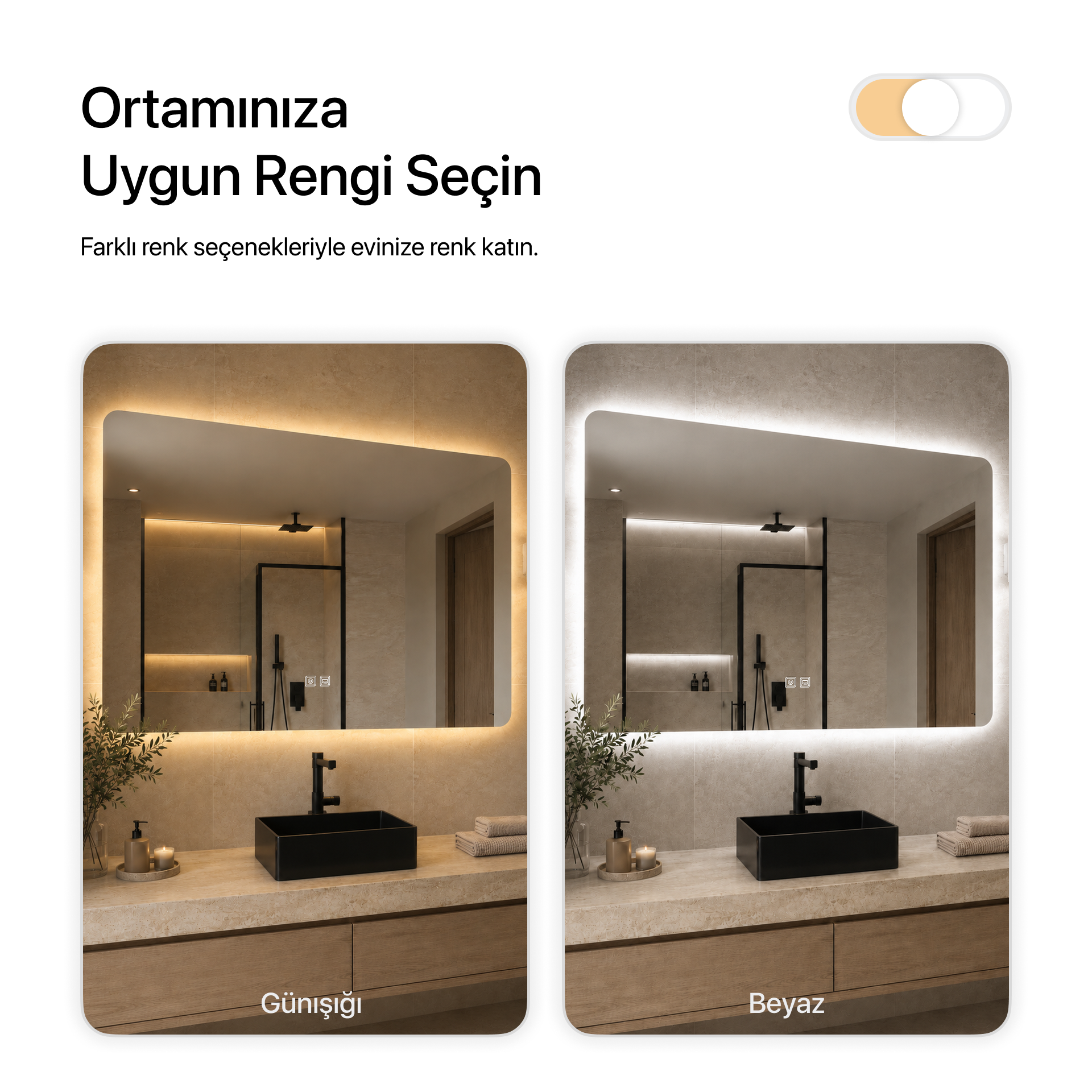Kumlamasız Buğu Çözücülü, Dokunmatik Tuşlu, LED Işıklı Dikdörtgen Banyo Aynası - Gün Işığı