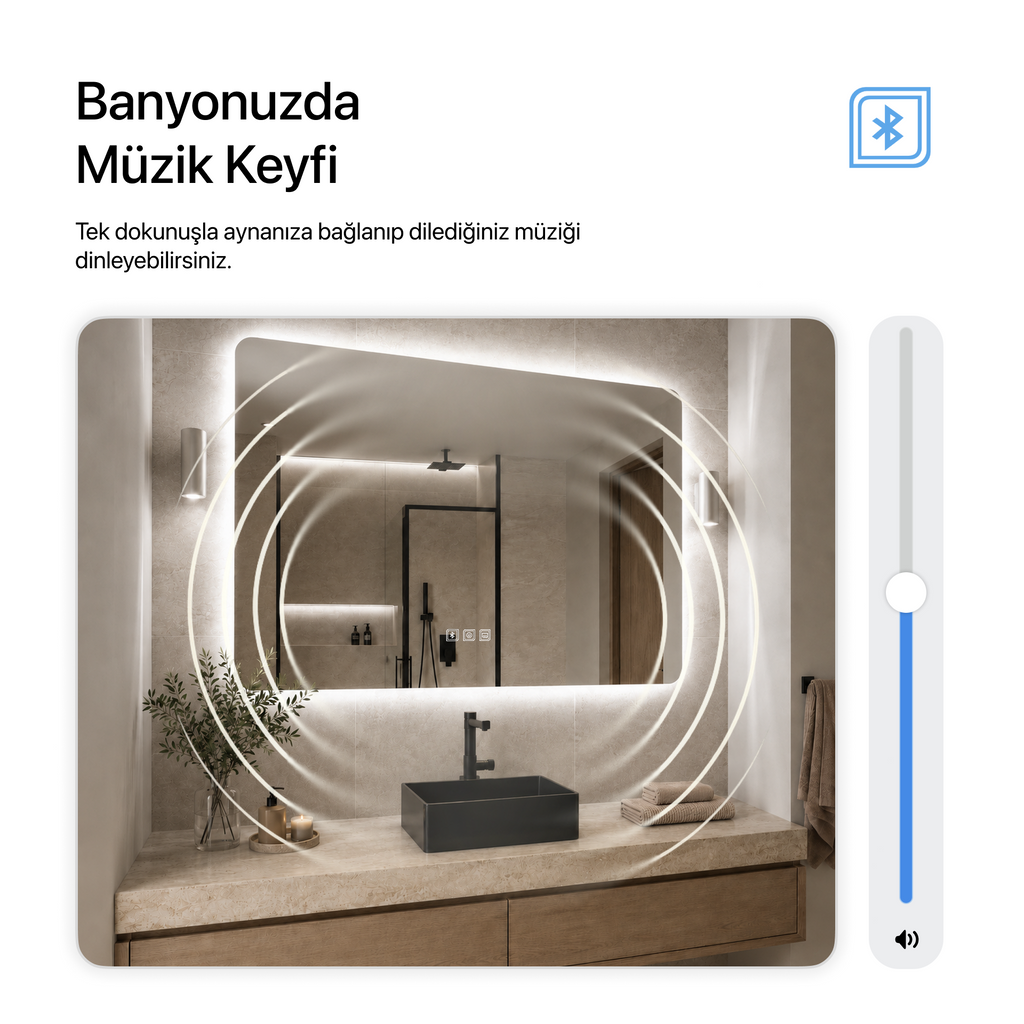 Kumlamasız Bluetoothlu, Buğu Çözücülü, Dokunmatik LEDli Dikdörtgen Ayna - Beyaz Işık
