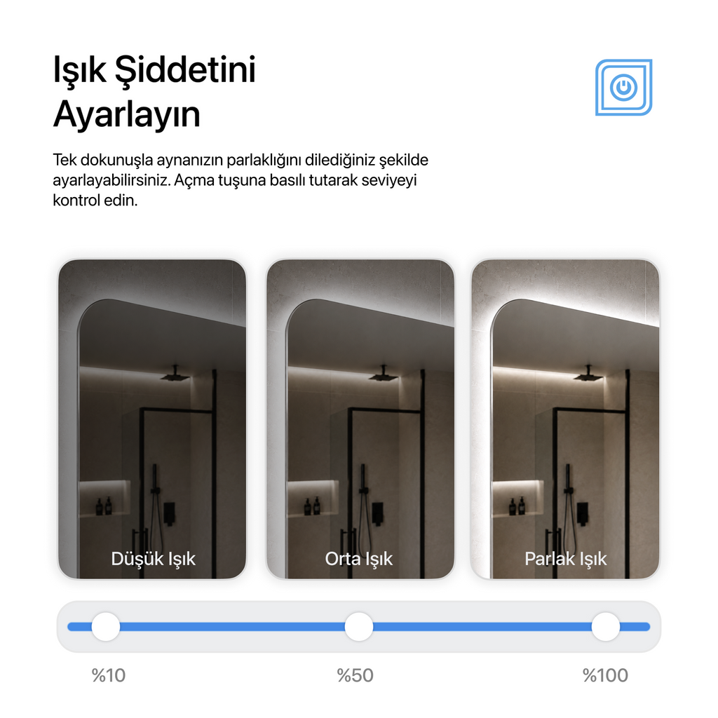 Kumlamasız Bluetoothlu, Buğu Çözücülü, Dokunmatik LEDli Dikdörtgen Ayna - Beyaz Işık