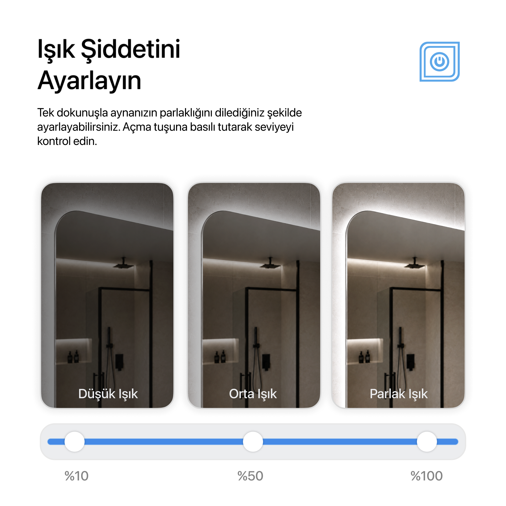 Kumlamasız Bluetoothlu, Buğu Çözücülü, Dokunmatik LEDli Dikdörtgen Ayna - Beyaz Işık