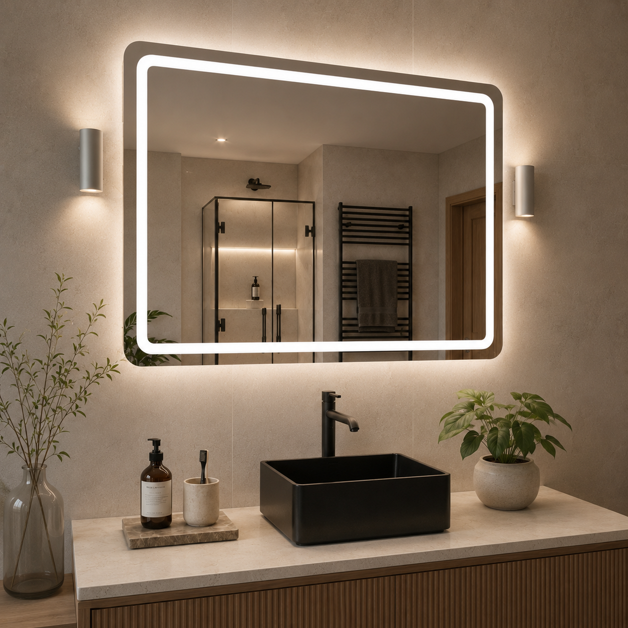 LED Işıklı Dikdörtgen Banyo Aynası - Beyaz Işık