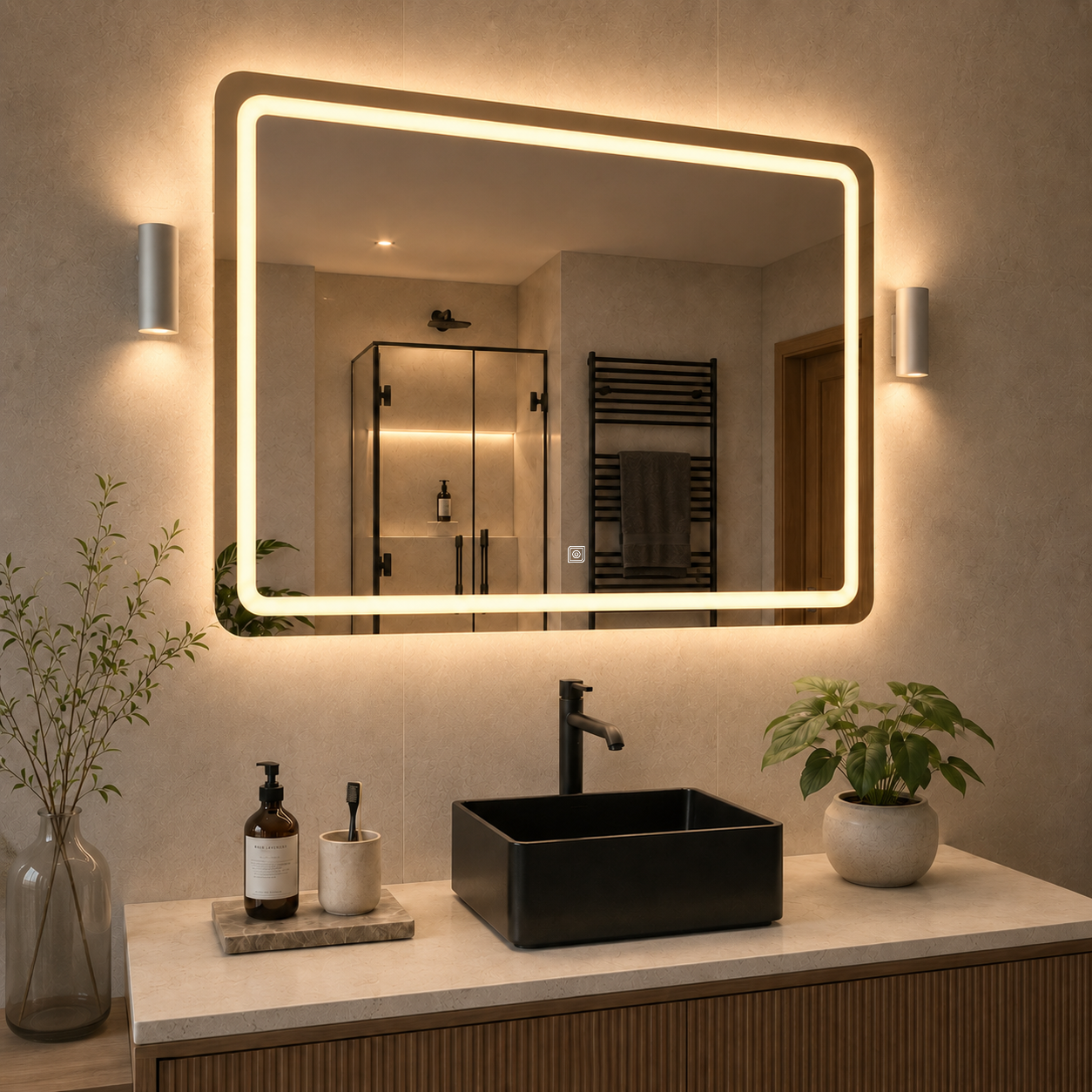 Dokunmatik Tuşlu ve LED Işıklı Dikdörtgen Banyo Aynası - Gün Işığı