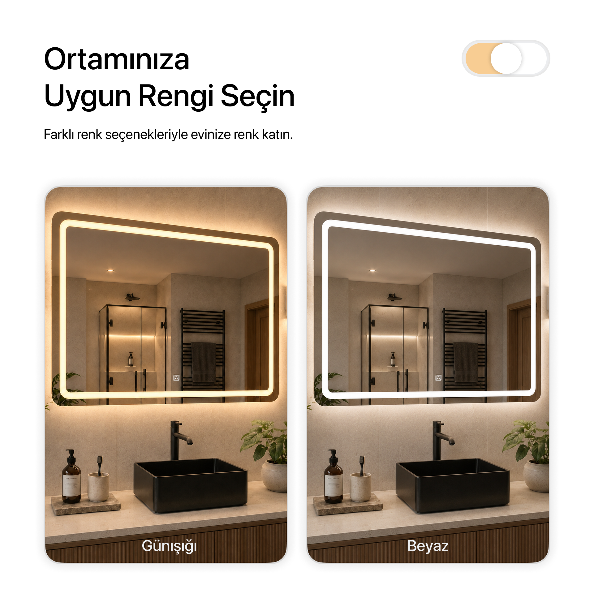 Dokunmatik Tuşlu ve LED Işıklı Dikdörtgen Banyo Aynası - Gün Işığı