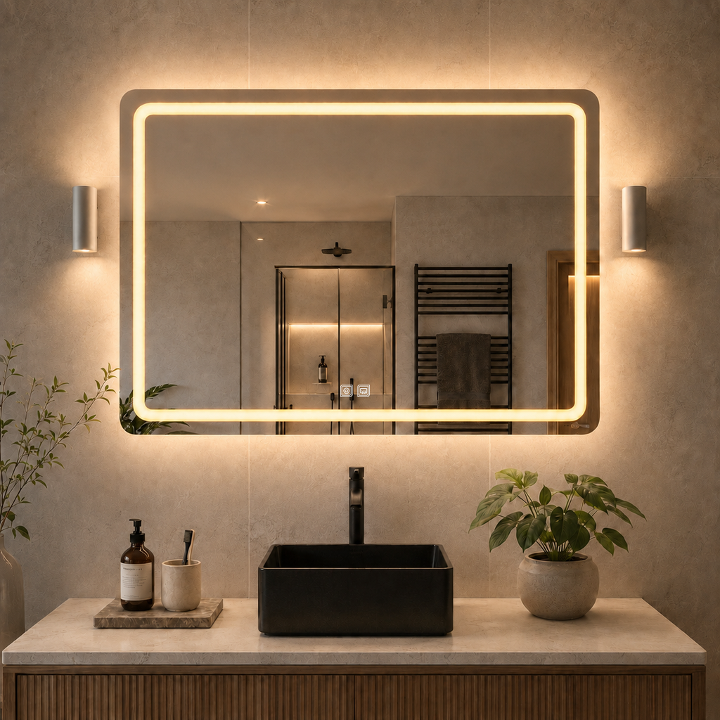 Buğu Çözücülü, Dokunmatik Tuşlu, LED Işıklı Dikdörtgen Banyo Aynası - Gün Işığı