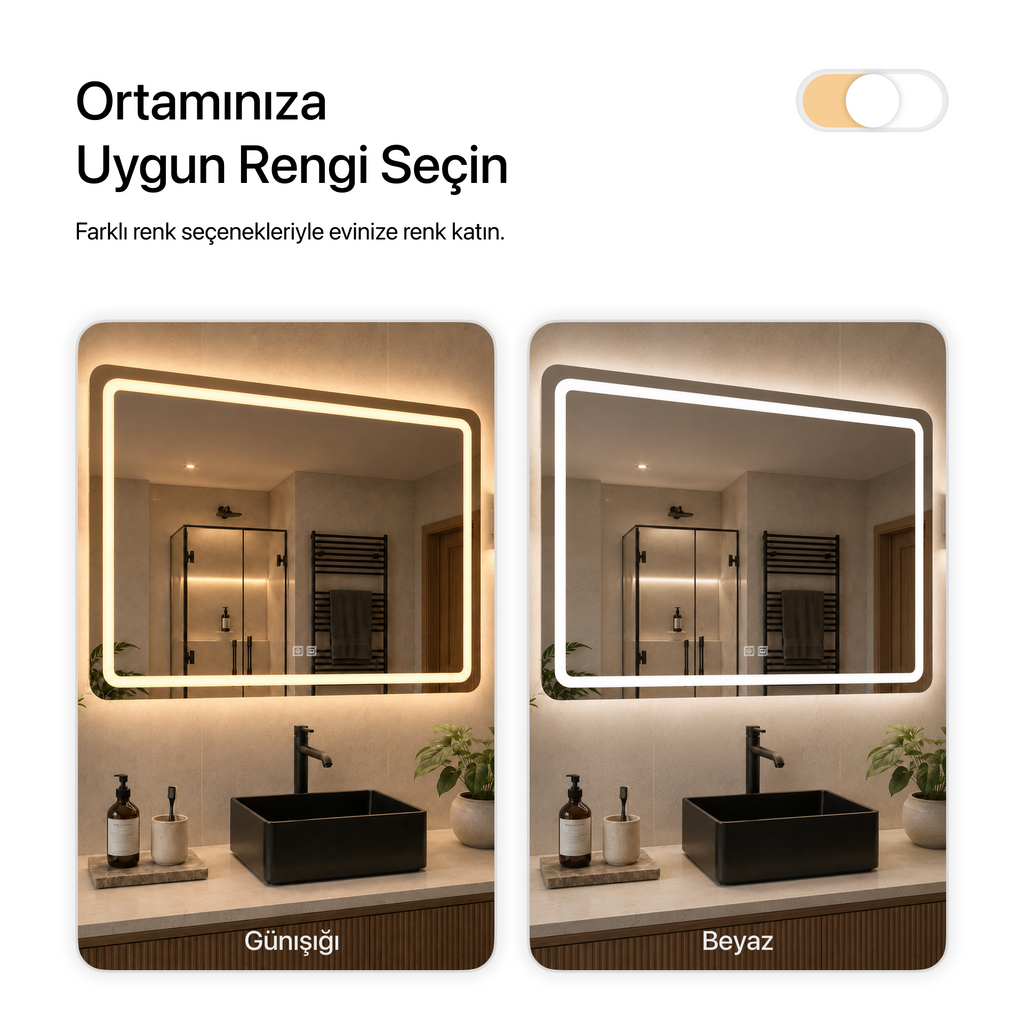 Buğu Çözücülü, Dokunmatik Tuşlu, LED Işıklı Dikdörtgen Banyo Aynası - Beyaz Işık