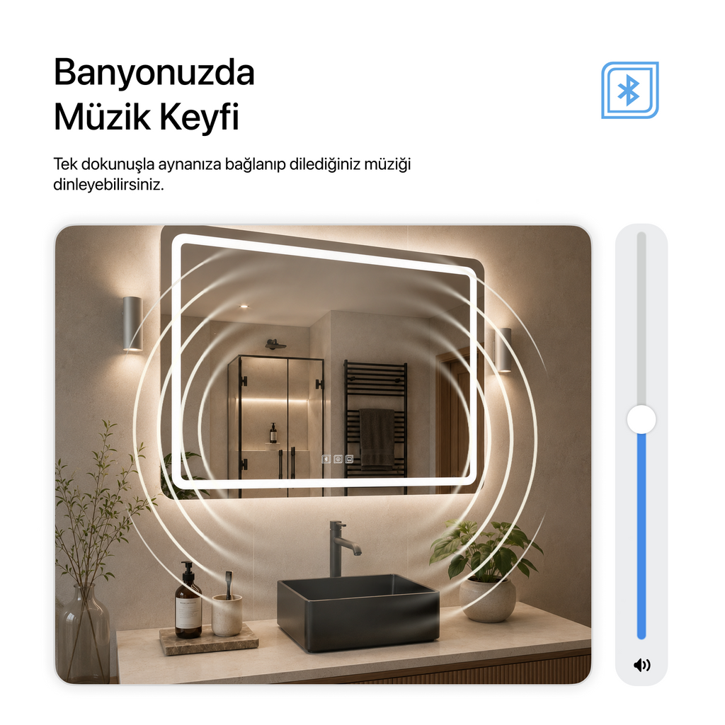 Bluetoothlu, Buğu Çözücülü, Dokunmatik LEDli Dikdörtgen Ayna - Beyaz Işık
