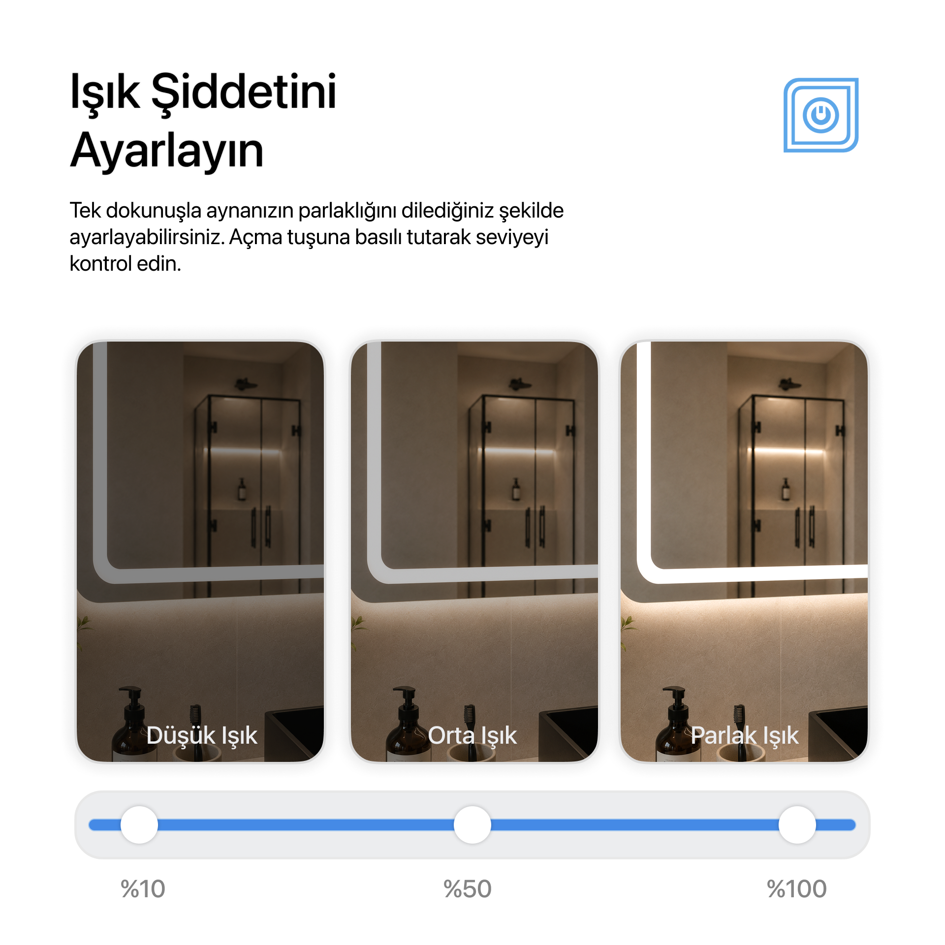 Dokunmatik Tuşlu ve LED Işıklı Dikdörtgen Banyo Aynası - Beyaz Işık