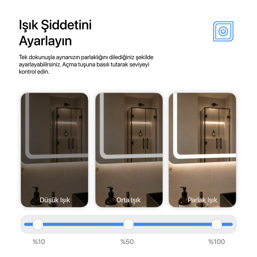 Bluetoothlu, Buğu Çözücülü, Dokunmatik LEDli Dikdörtgen Ayna - Beyaz Işık