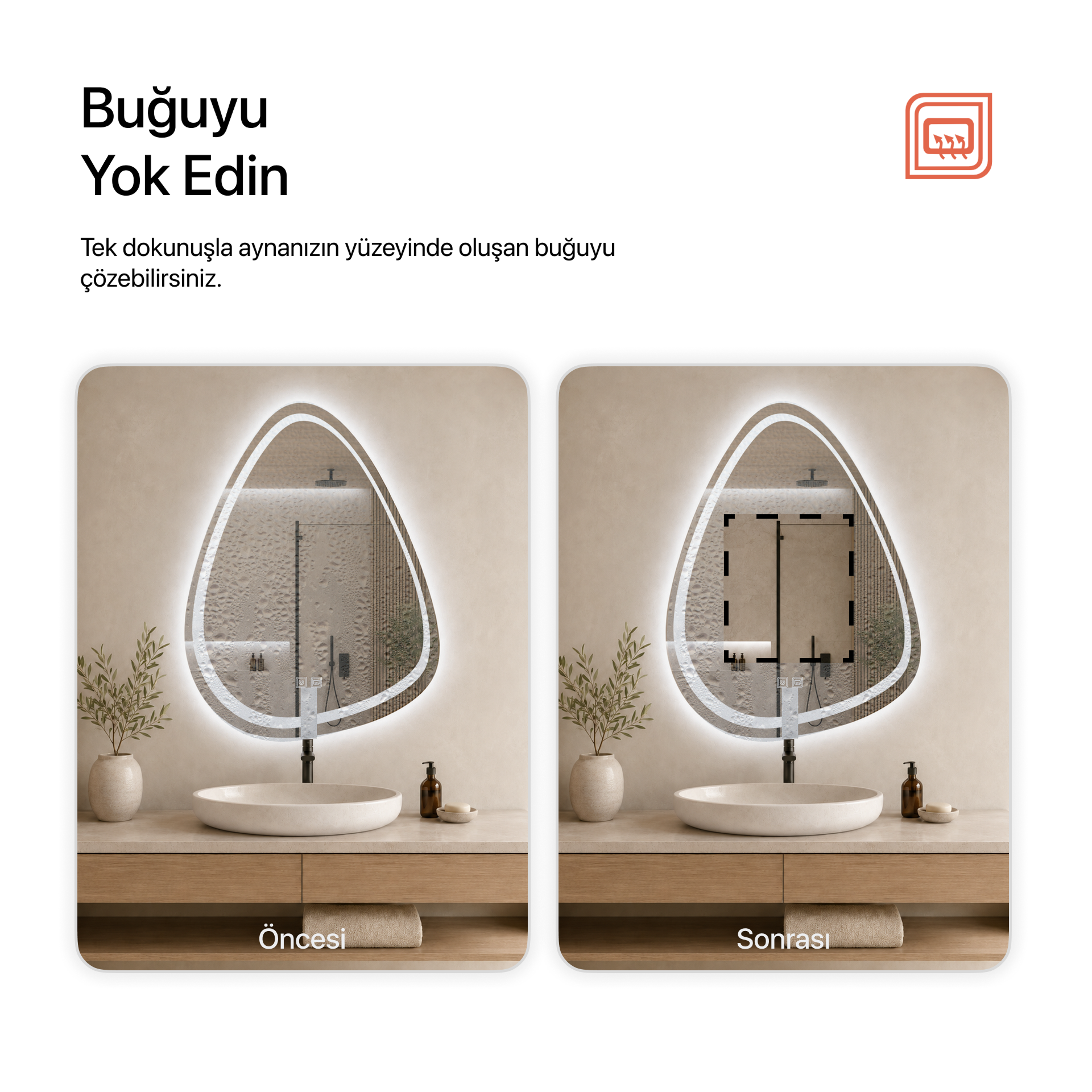 Buğu Çözücülü, Dokunmatik Tuşlu, LED Işıklı Asimetrik Banyo Aynası - Beyaz Işık