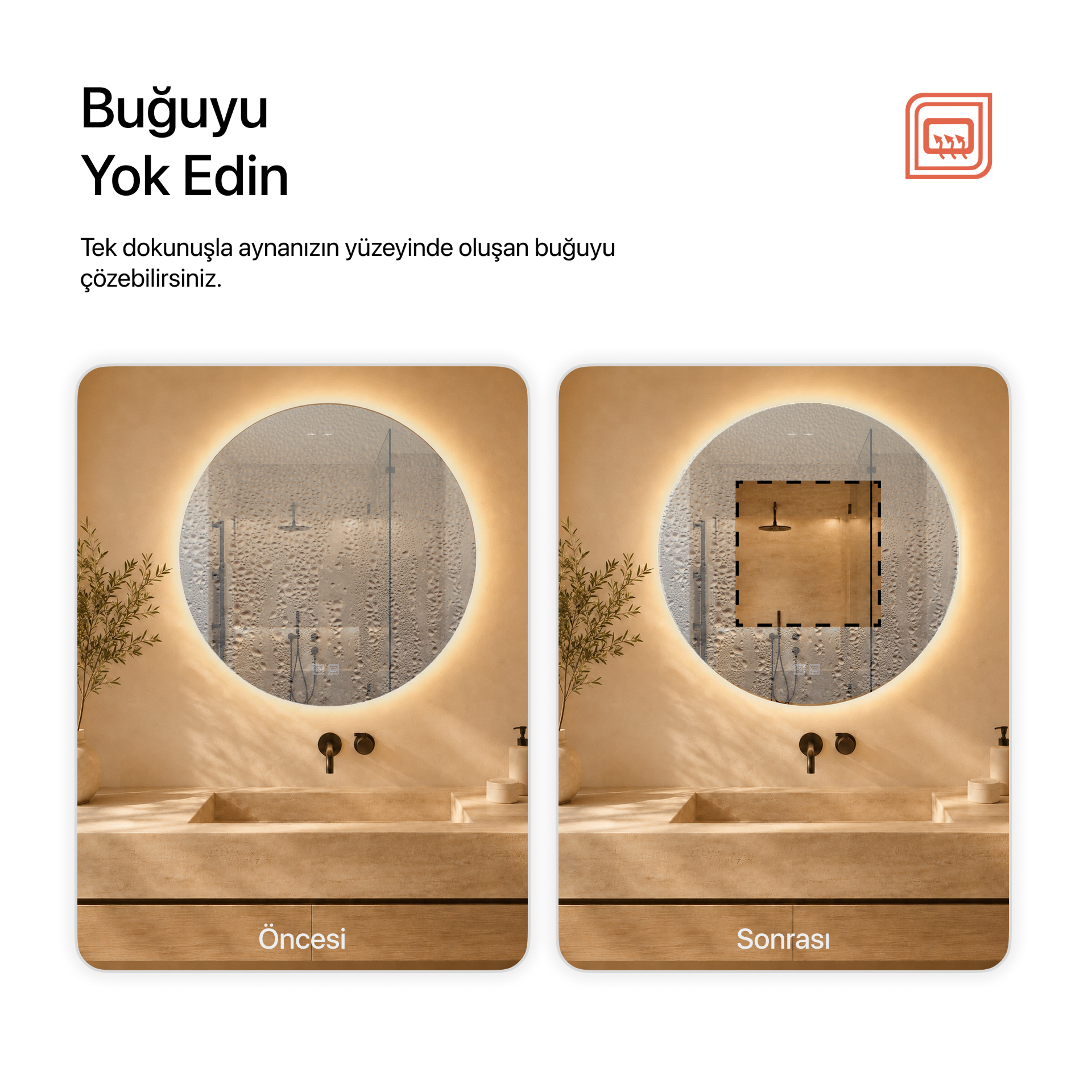 Kumlamasız Buğu Çözücülü, Dokunmatik Tuşlu, LED Işıklı Yuvarlak Banyo Aynası - Gün Işığı