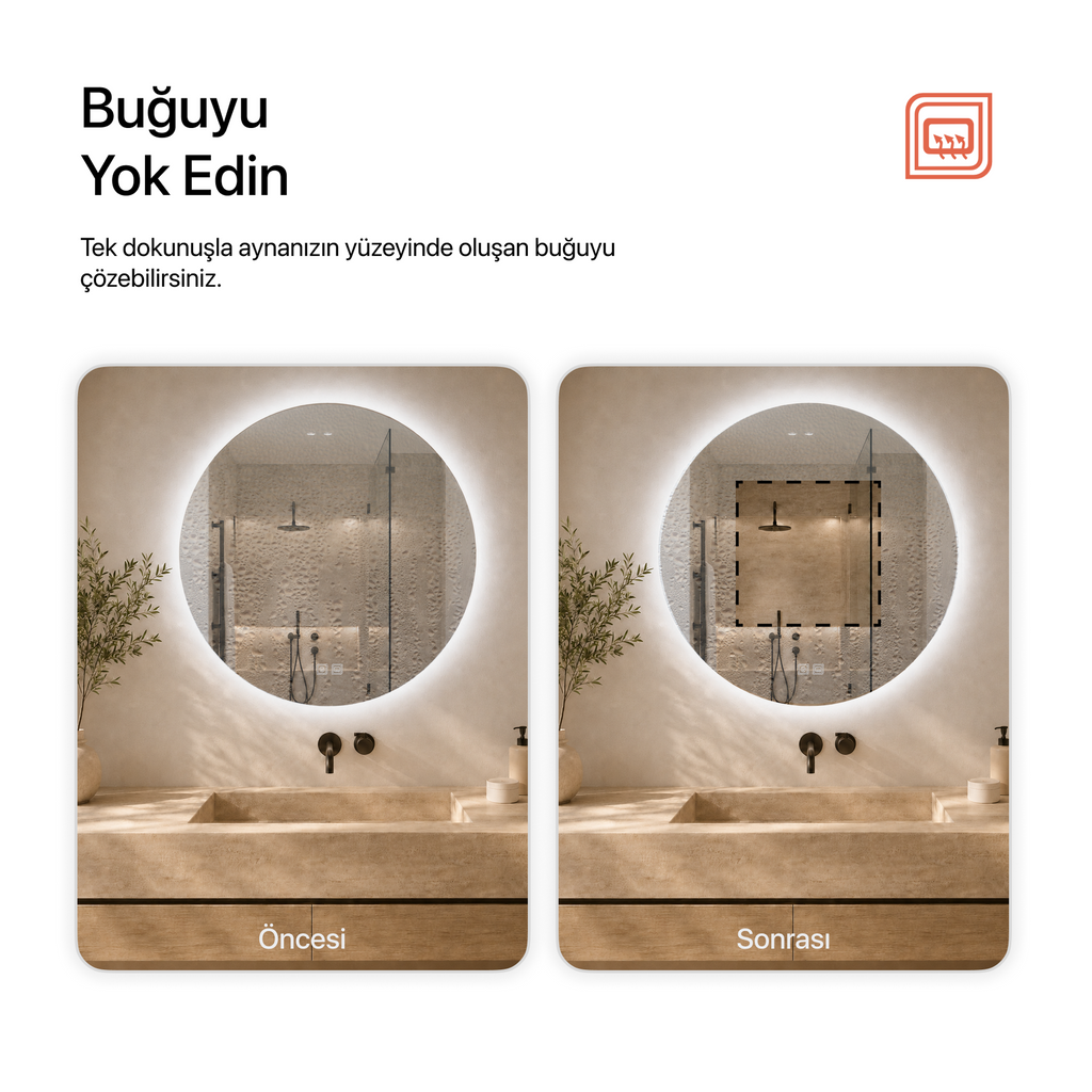 Kumlamasız Buğu Çözücülü, Dokunmatik Tuşlu, LED Işıklı Yuvarlak Banyo Aynası - Beyaz Işık