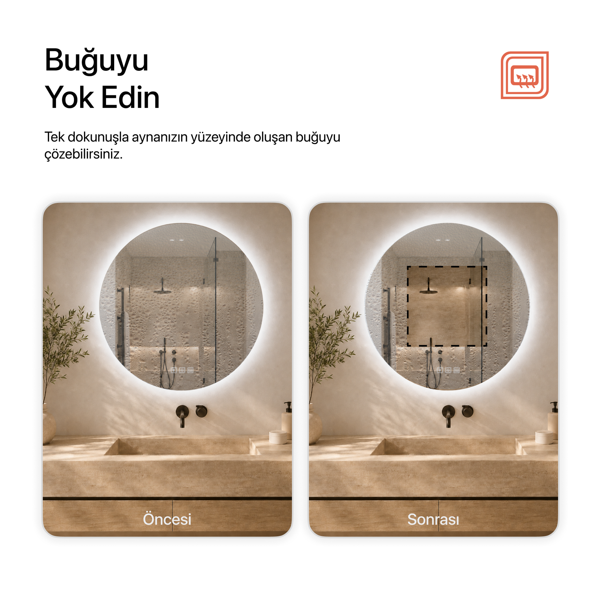 Kumlamasız Bluetoothlu, Buğu Çözücülü, Dokunmatik LEDli Yuvarlak Ayna - Beyaz Işık