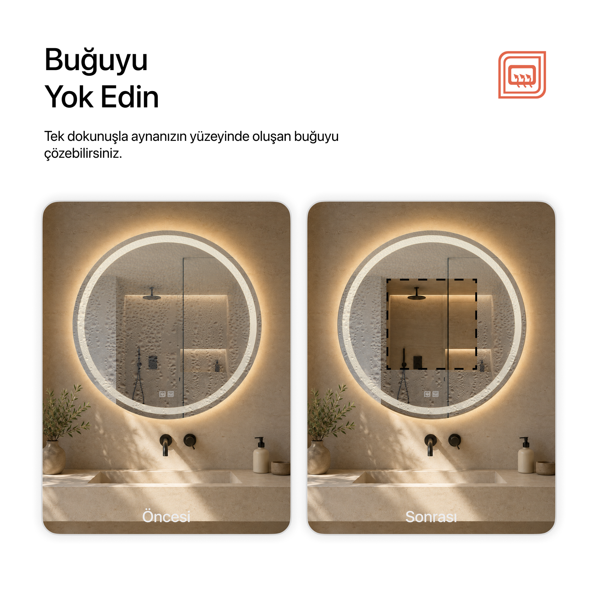 Buğu Çözücülü, Dokunmatik Tuşlu, LED Işıklı Yuvarlak Banyo Aynası - Gün Işığı