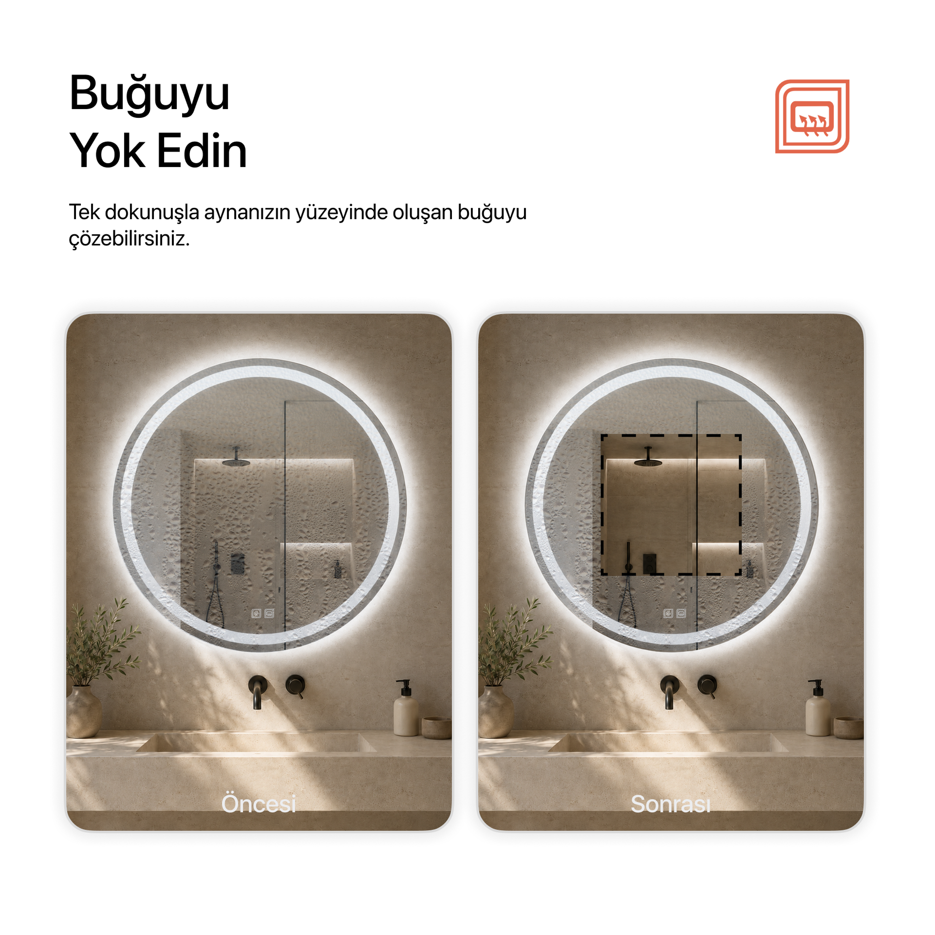 Buğu Çözücülü, Dokunmatik Tuşlu, LED Işıklı Yuvarlak Banyo Aynası - Beyaz Işık