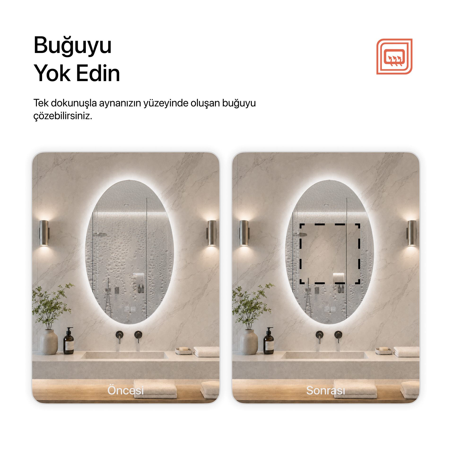 Kumlamasız Buğu Çözücülü, Dokunmatik Tuşlu, LED Işıklı Elips Banyo Aynası - Beyaz Işık