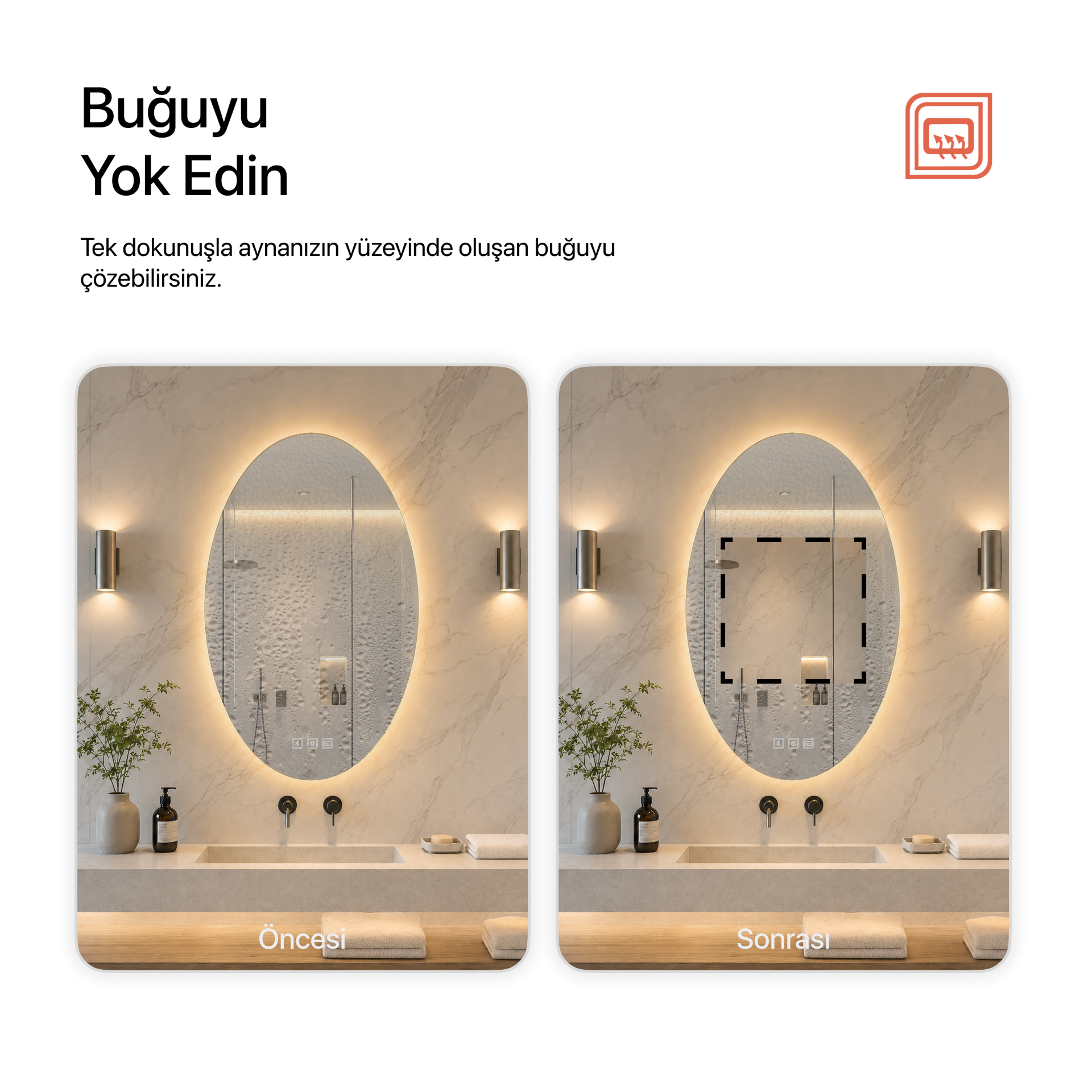 Kumlamasız Bluetoothlu, Buğu Çözücülü, Dokunmatik LEDli Elips Ayna - Gün Işığı