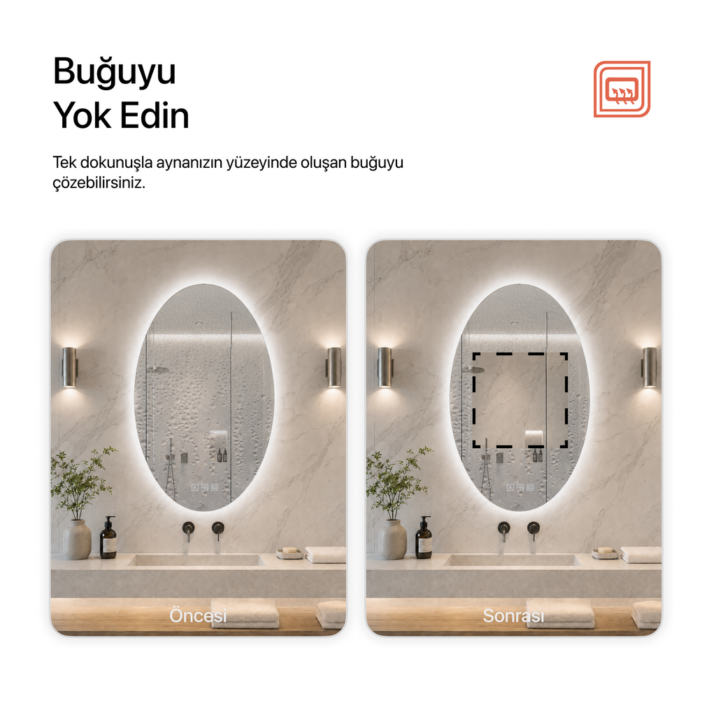 Kumlamasız Bluetoothlu, Buğu Çözücülü, Dokunmatik LEDli Elips Ayna - Beyaz Işık
