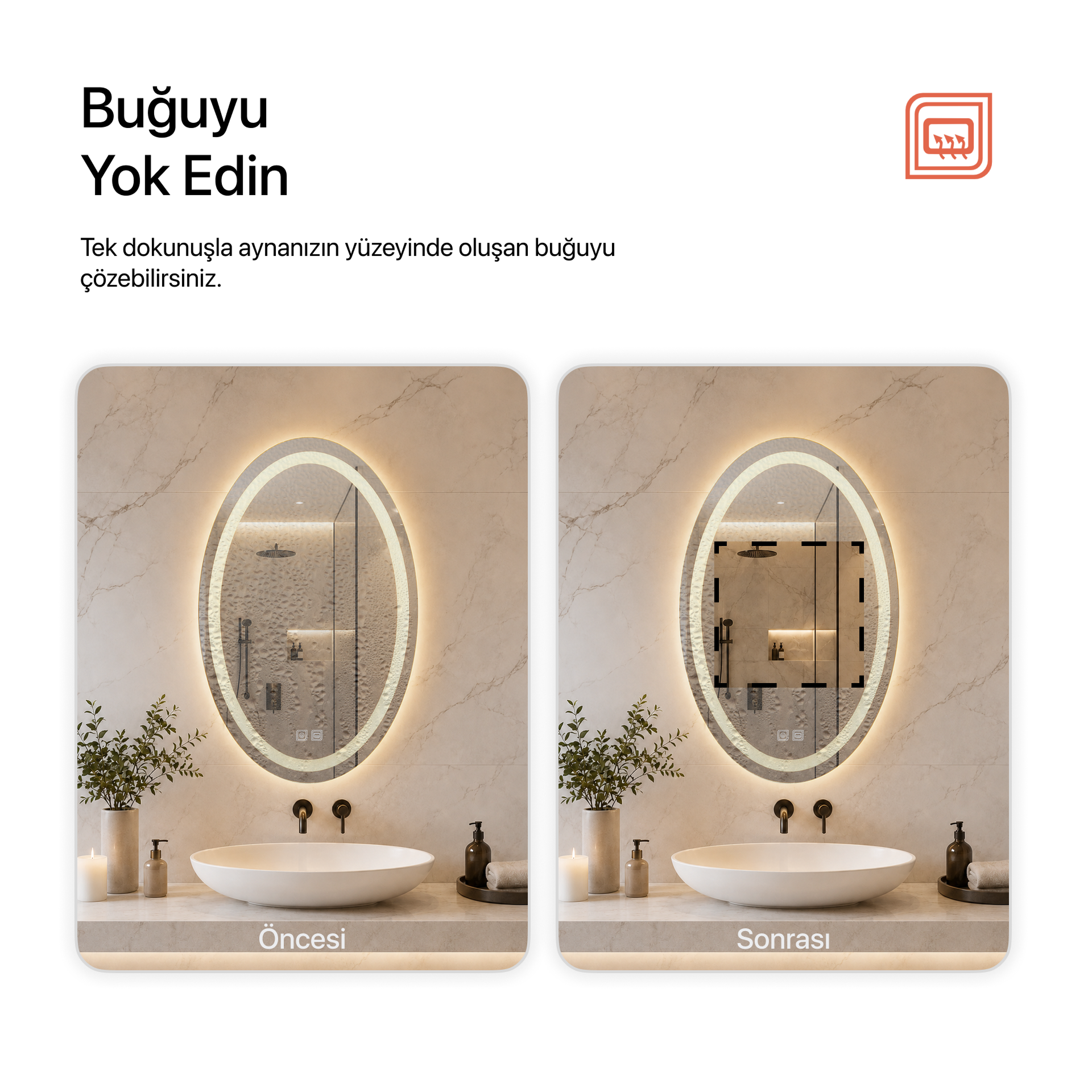 Buğu Çözücülü, Dokunmatik Tuşlu, LED Işıklı Elips Banyo Aynası - Gün Işığı