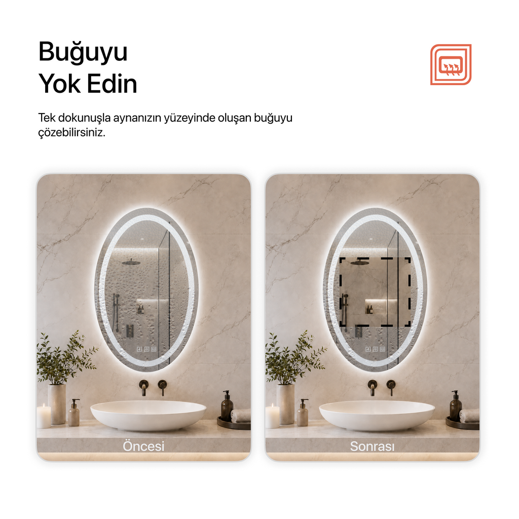 Bluetoothlu, Buğu Çözücülü, Dokunmatik LEDli Elips Ayna - Beyaz Işık