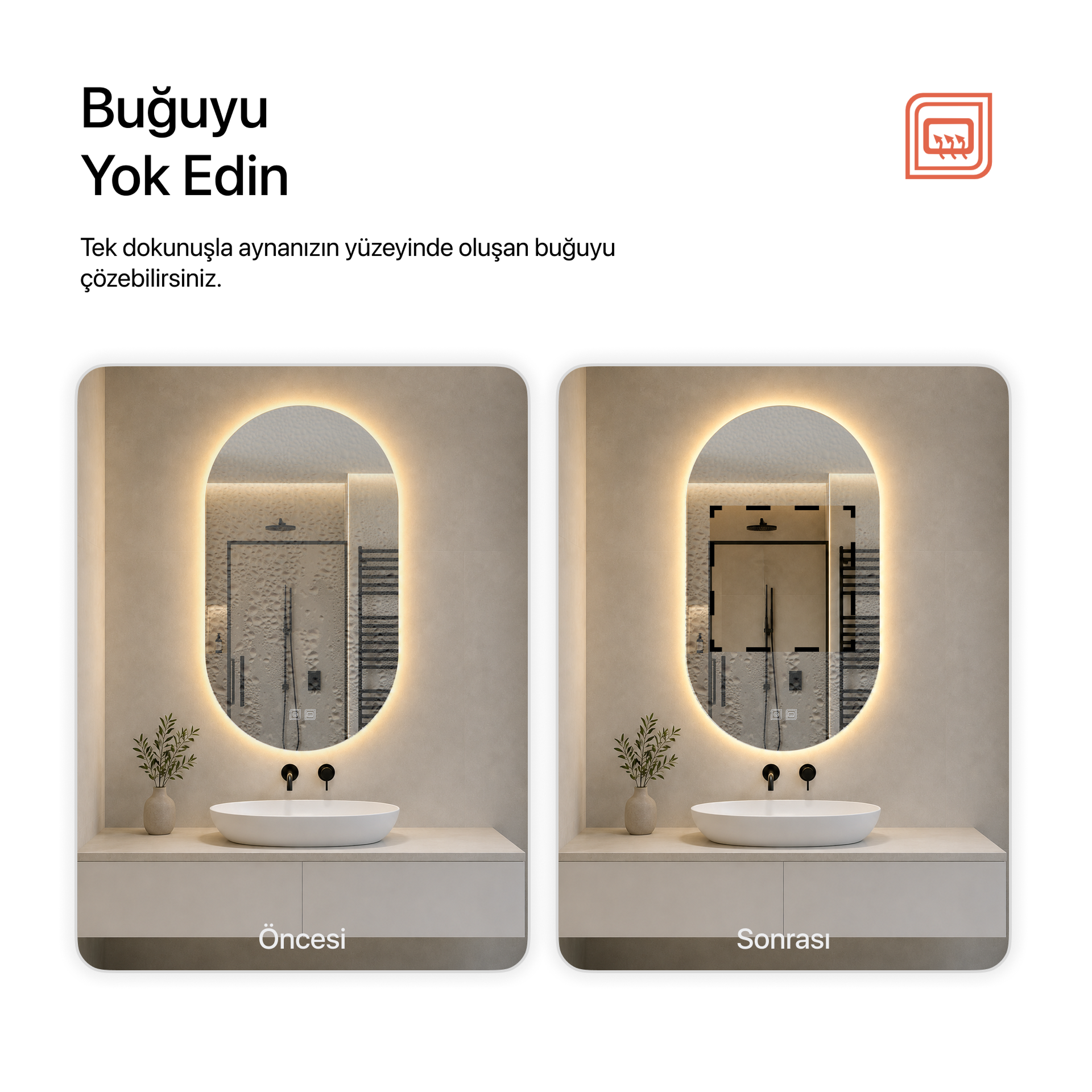 Kumlamasız Buğu Çözücülü, Dokunmatik Tuşlu, LED Işıklı Oval Banyo Aynası - Gün Işığı