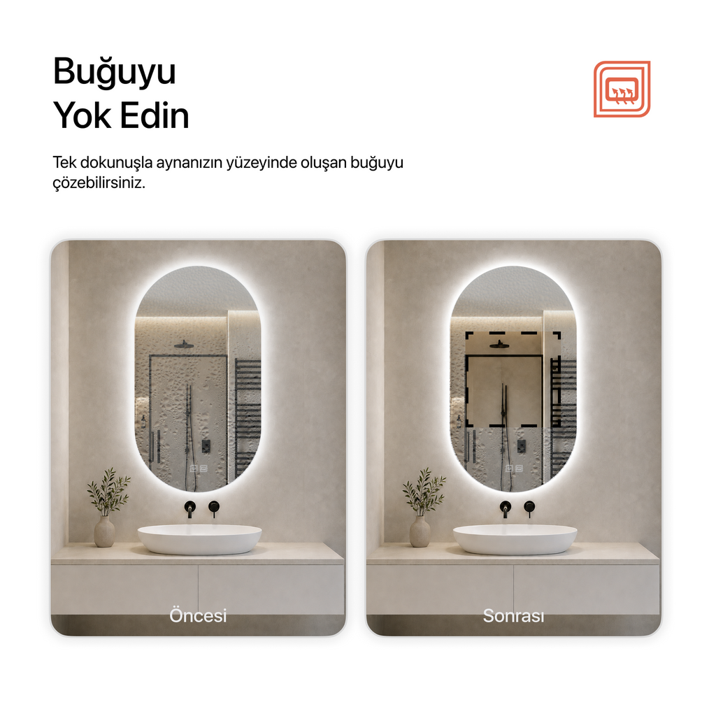 Kumlamasız Buğu Çözücülü, Dokunmatik Tuşlu, LED Işıklı Oval Banyo Aynası - Beyaz Işık