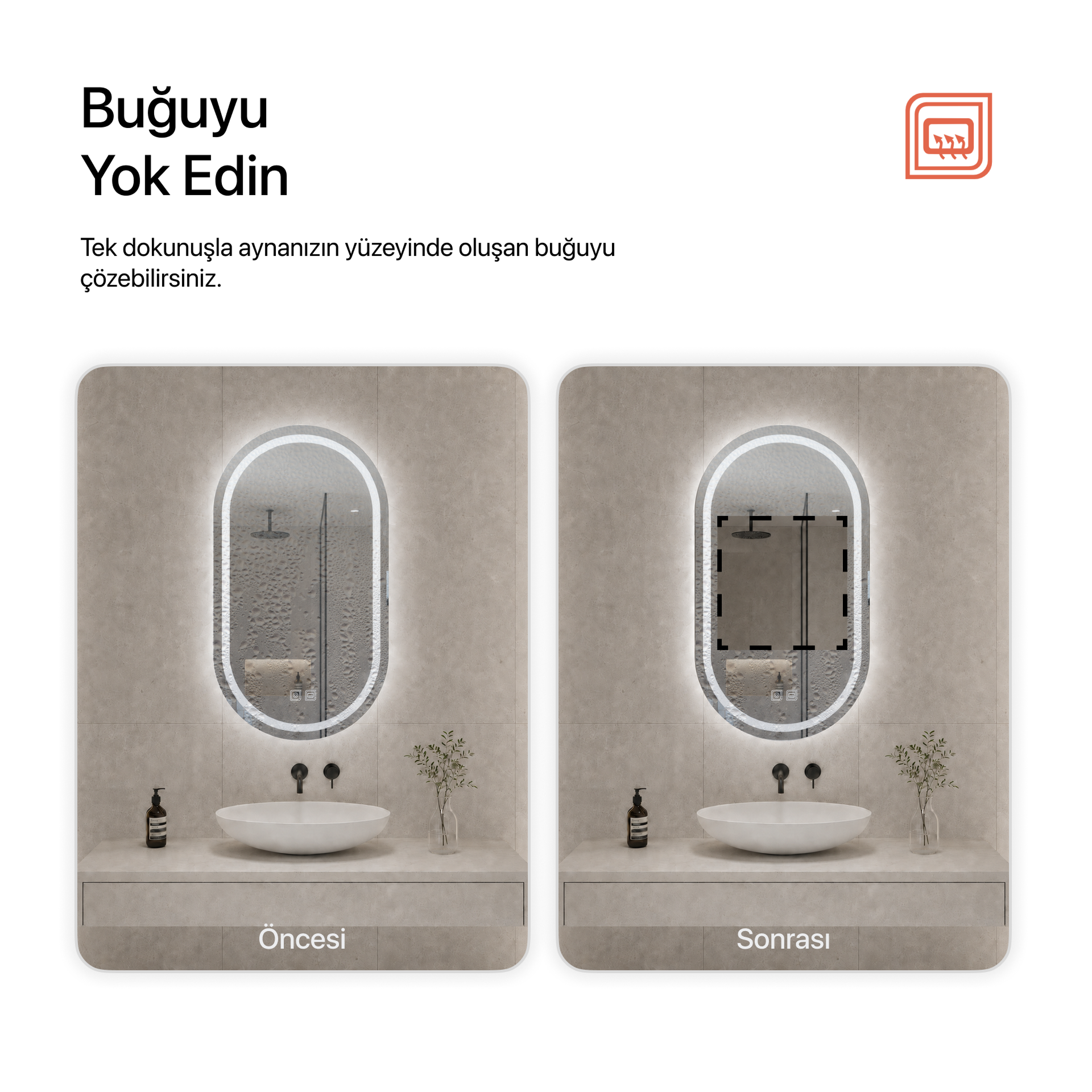 Buğu Çözücülü, Dokunmatik Tuşlu, LED Işıklı Oval Banyo Aynası - Beyaz Işık