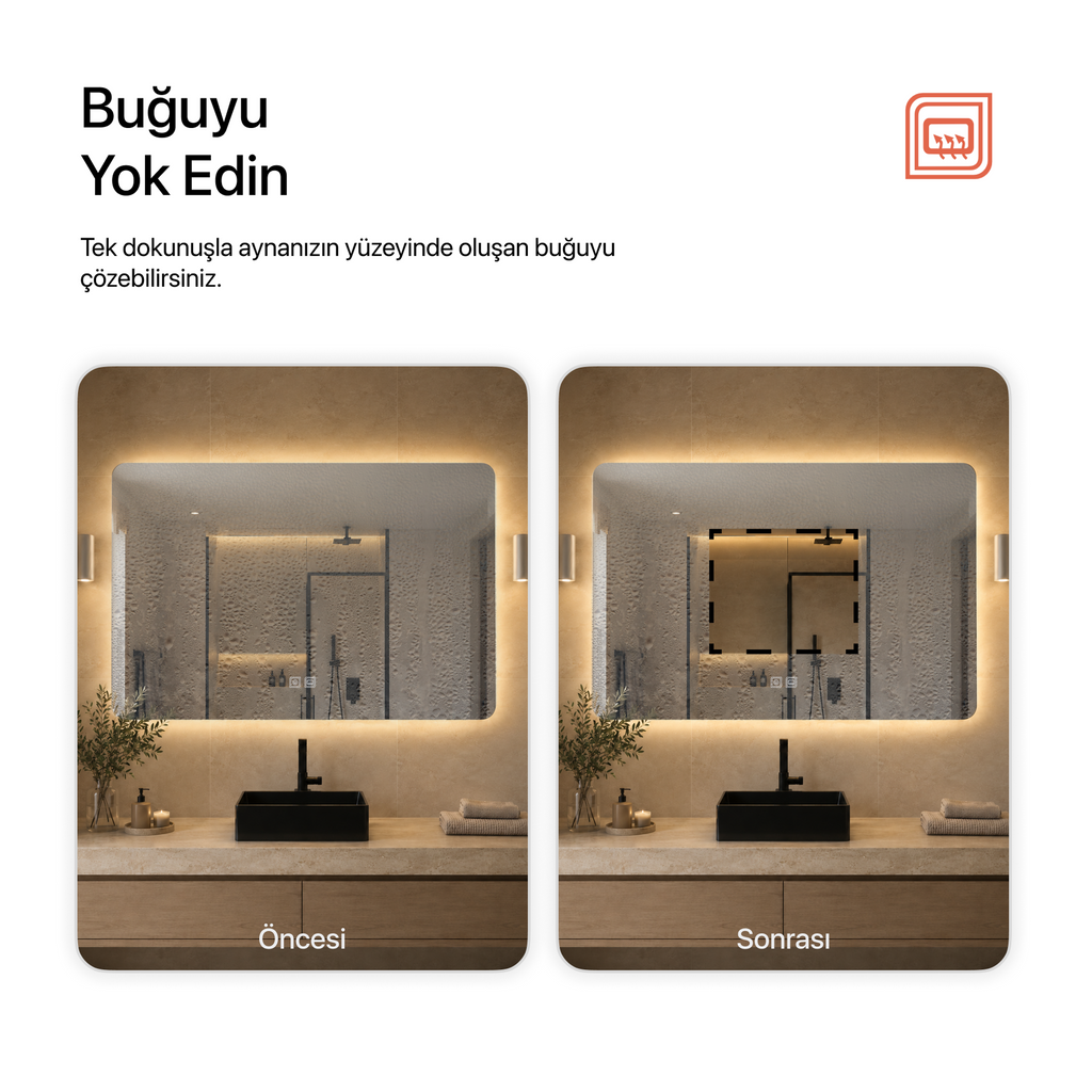 Kumlamasız Buğu Çözücülü, Dokunmatik Tuşlu, LED Işıklı Dikdörtgen Banyo Aynası - Gün Işığı