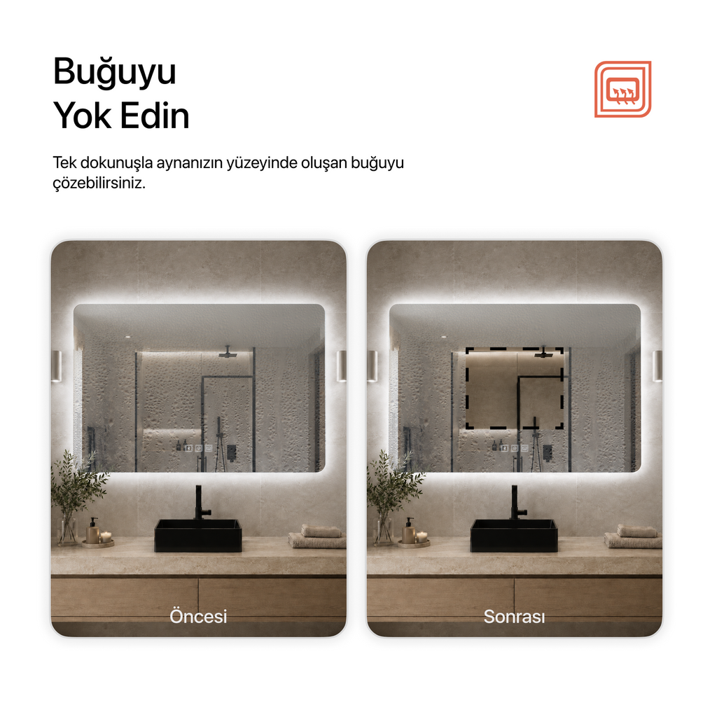 Kumlamasız Bluetoothlu, Buğu Çözücülü, Dokunmatik LEDli Dikdörtgen Ayna - Beyaz Işık