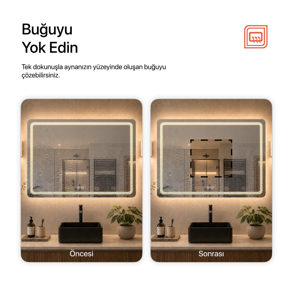 Buğu Çözücülü, Dokunmatik Tuşlu, LED Işıklı Dikdörtgen Banyo Aynası - Gün Işığı