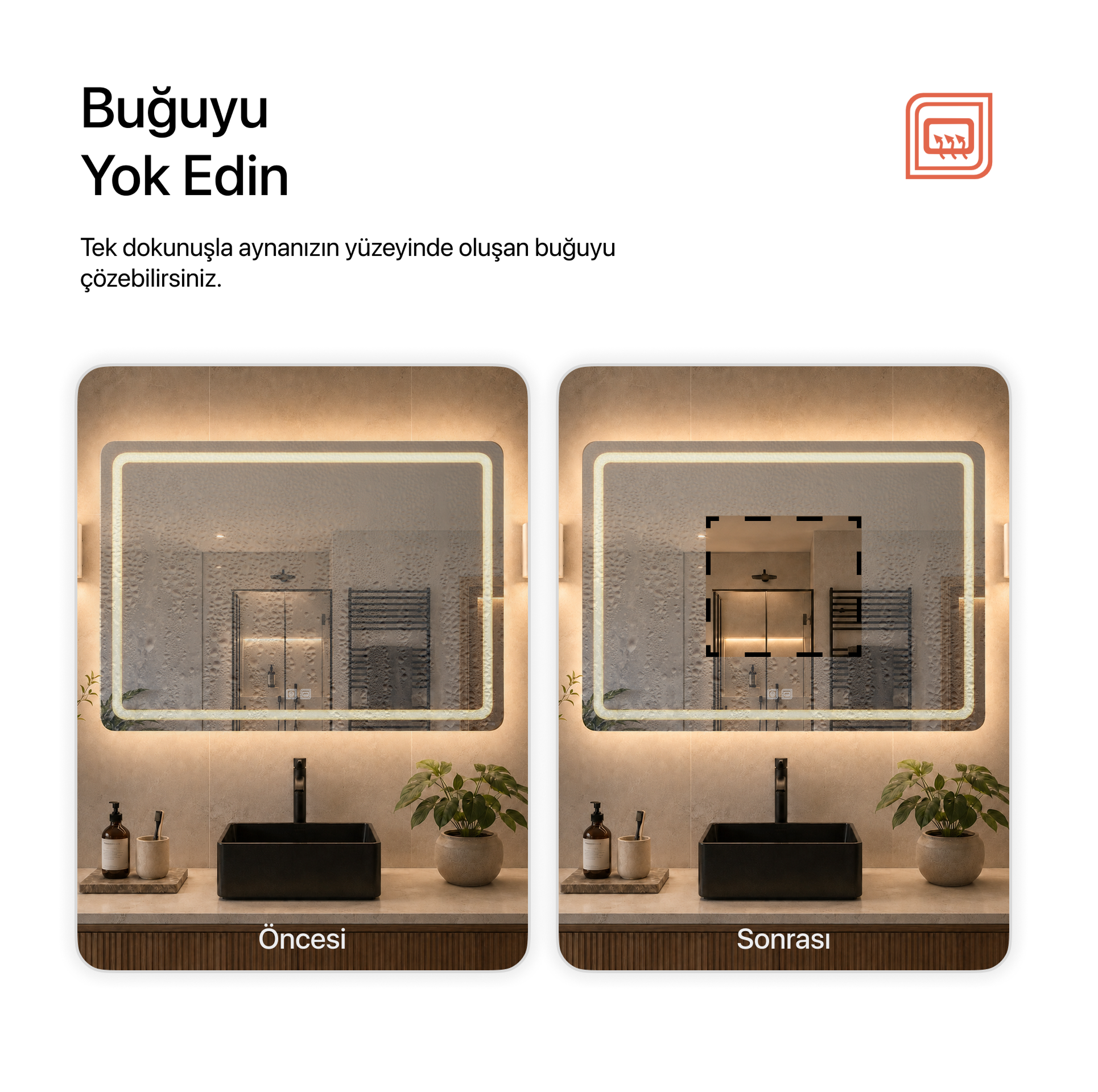 Buğu Çözücülü, Dokunmatik Tuşlu, LED Işıklı Dikdörtgen Banyo Aynası - Gün Işığı