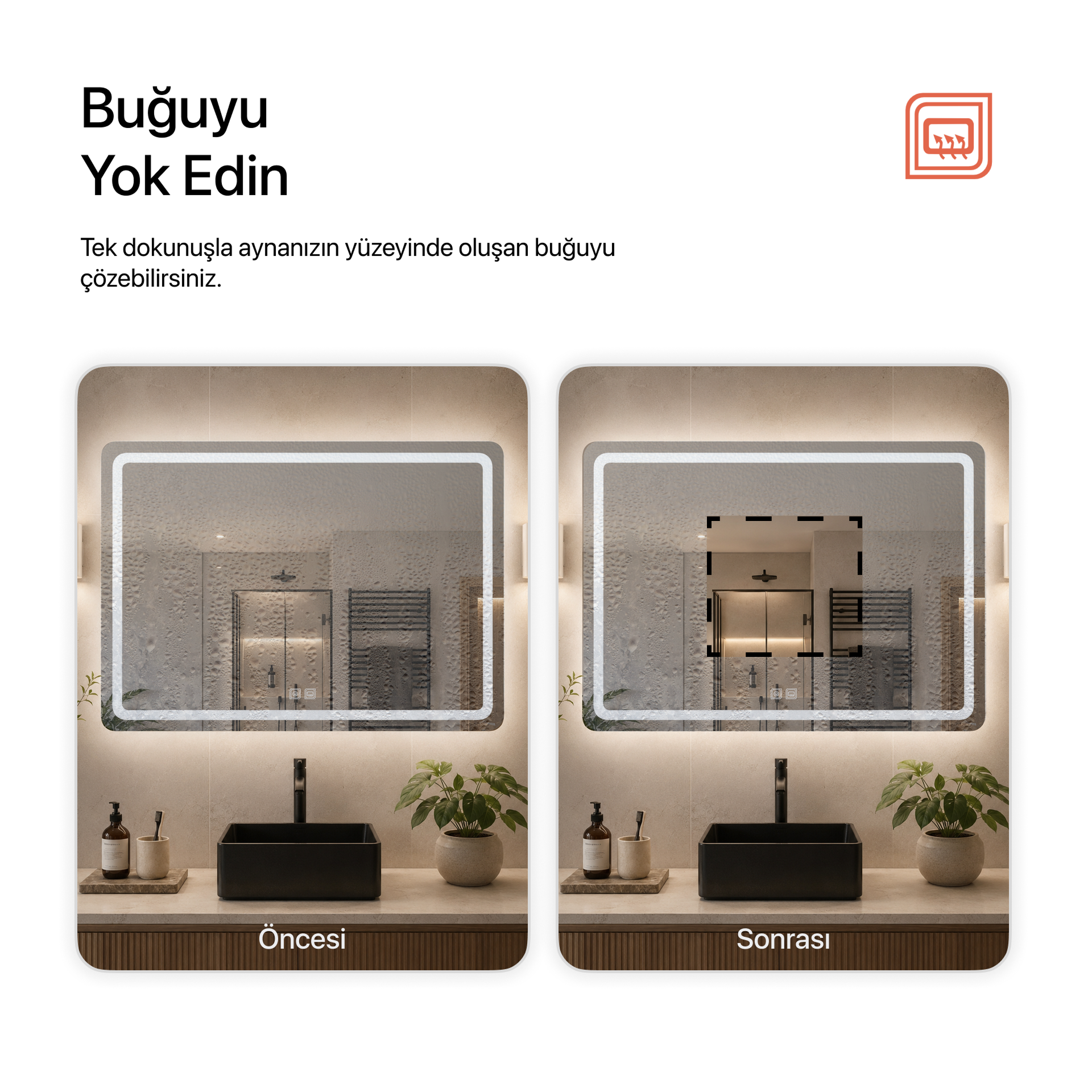 Buğu Çözücülü, Dokunmatik Tuşlu, LED Işıklı Dikdörtgen Banyo Aynası - Beyaz Işık
